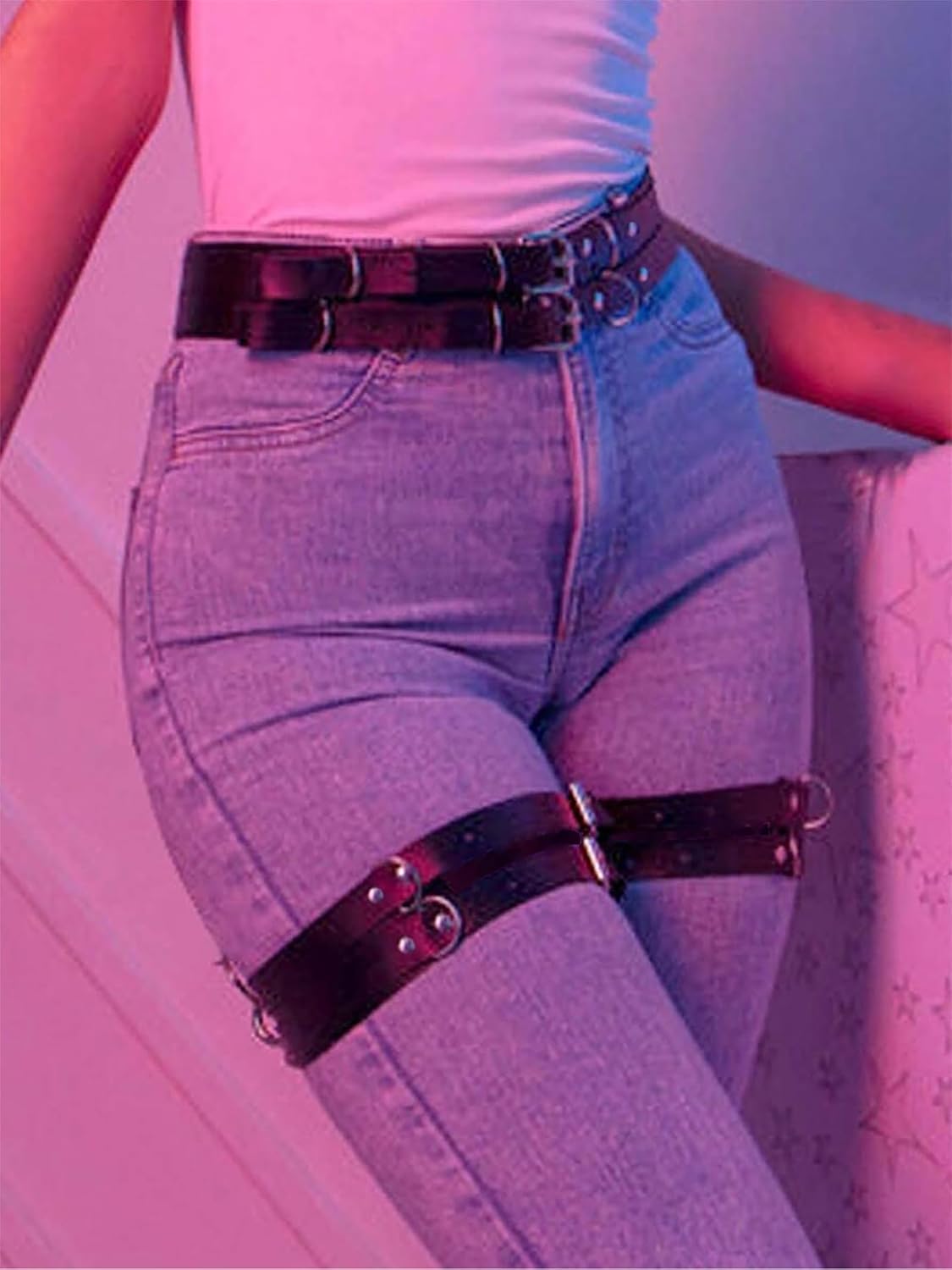 Punk Leather Thigh Harness, Adjustable Faux Leather Leg Harness Belt Women Goth Black Garters for Thigh Festival Rave Body Accessory for Clubwear, Stage Outfits & Cosplay Styling(Waist 22.4-36.8in)