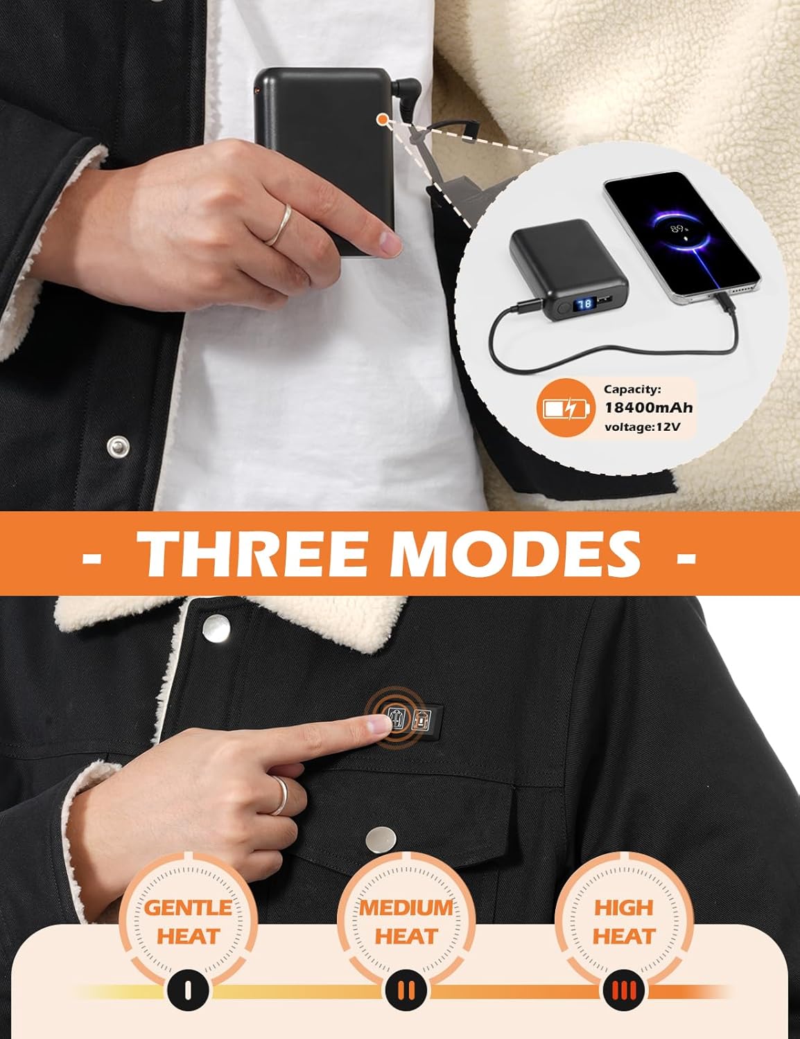 HEEKPEK Heated Jacket for Men with 18400mAh Long-Lasting Battery, 5-Zone Heated Sherpa Lined Coat for Outdoor Winter - Image 3