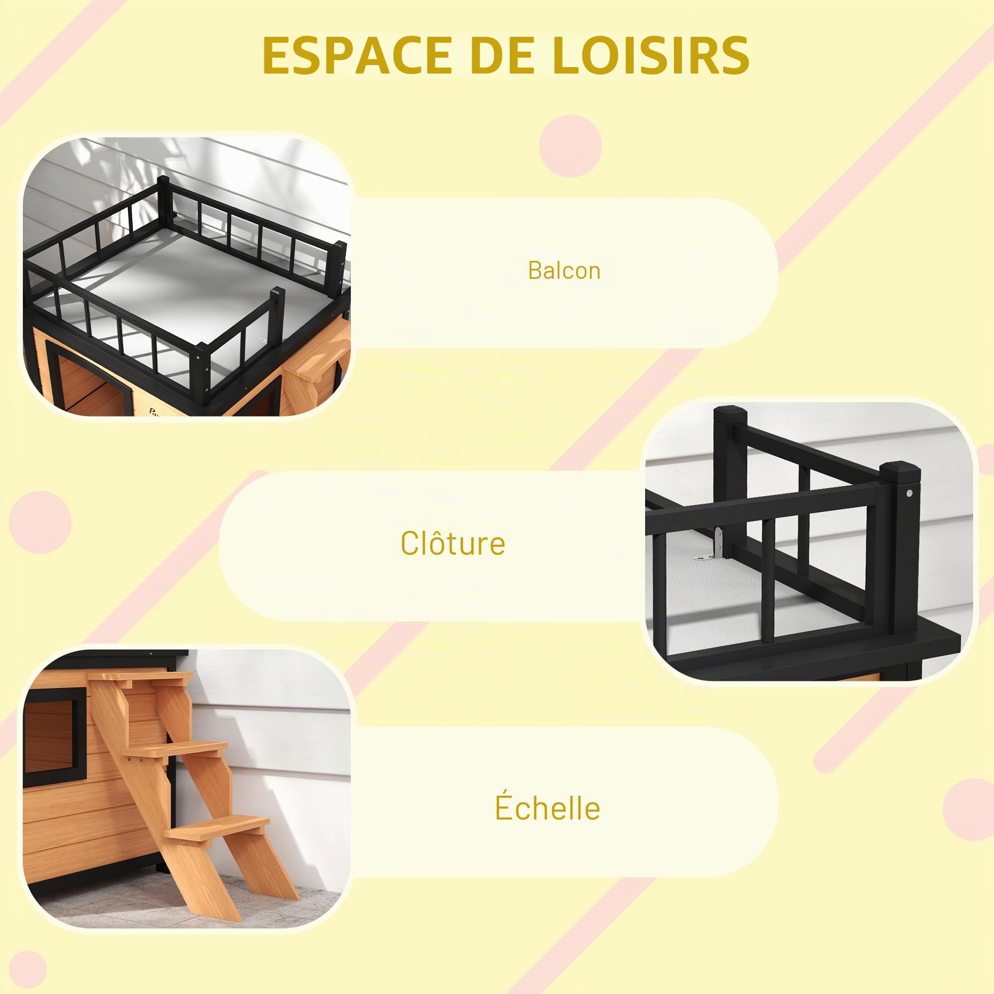 PawHut Niche pour chien Maison pour chien avec balcon, maison surélevée pour petits animaux avec escalier, fenêtre, niche pour petits chiens, bois de sapin, jaune, 121 x 77 x 78 cm