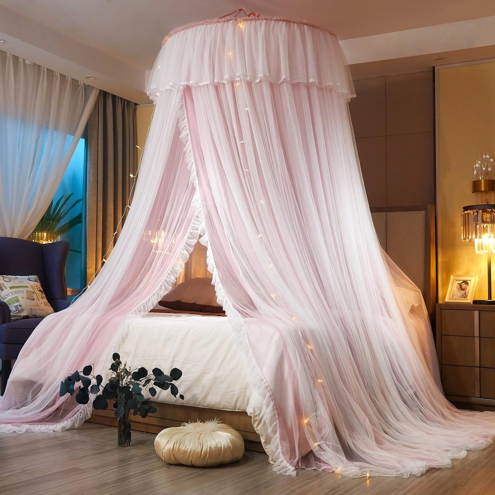 Prinzessinnen Bettvorhang für Zimmerdekoration von Mädchen oder Themenpartys, Eleganter Doppellagiger Betthimmel Moskitonetz Bett für Betten von Twin- bis King-Size, Pink