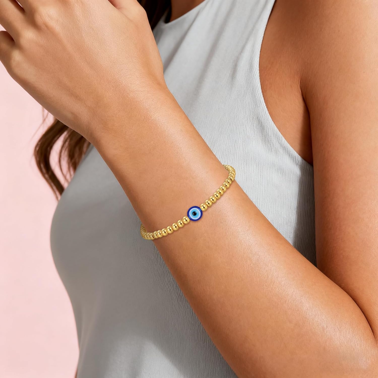 morniface 14K Gold Plated Beaded Bracelet for Women, Stretch Charm Bracelet with Gold Charms, Dainty Elastic Bead Bracelet Handmade Trendy Gold Jewelry Gift - Image 3