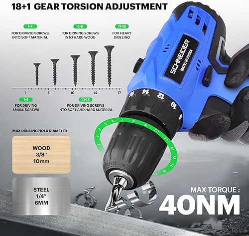 Miniatura 2 de Schneider Juego de herramientas de 21 V con taladro, par de 350 in-lb, velocidad variable de 0-1350RMP, portabrocas sin llave de 10MM 3/8 pulgadas,