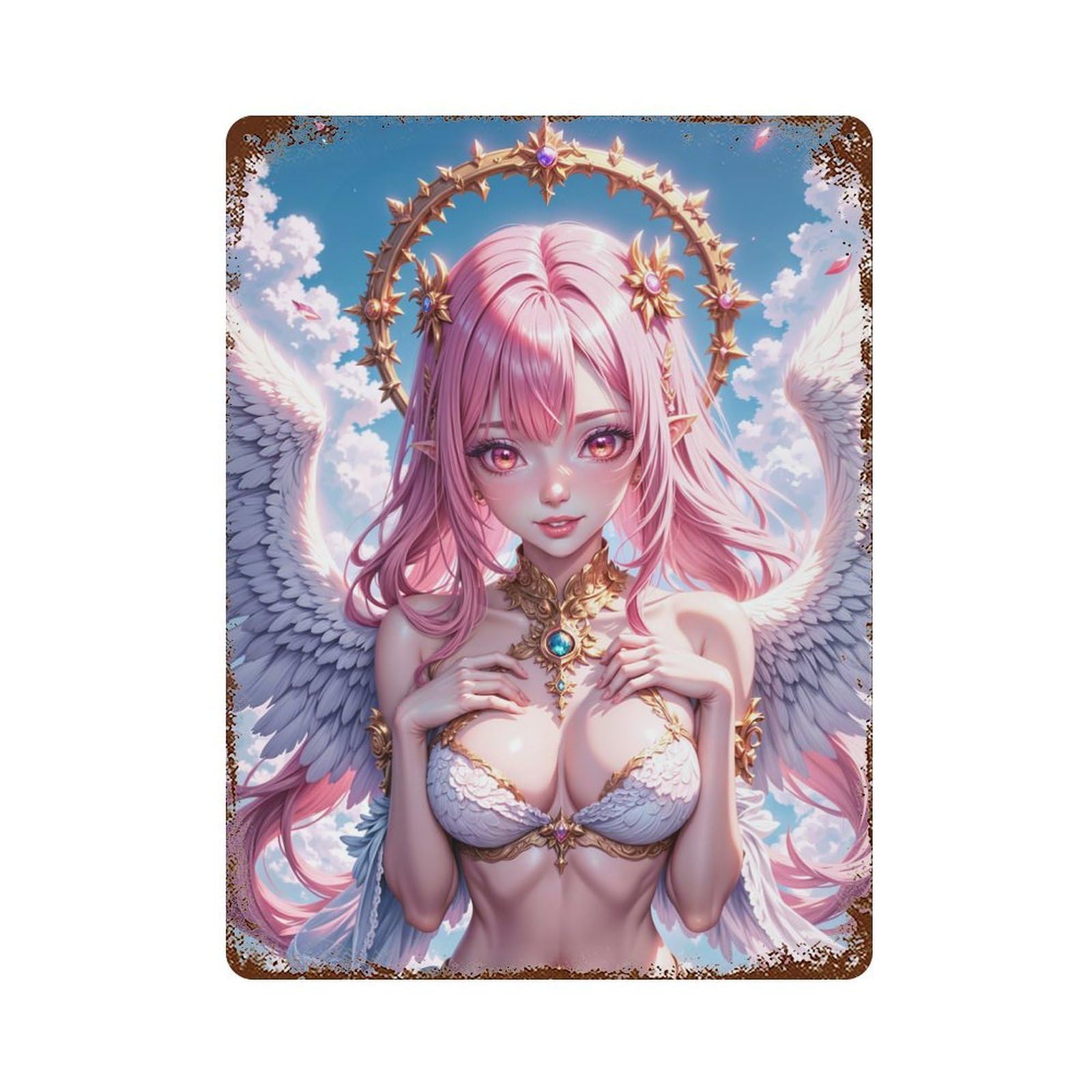 Rustic Tin Plaque Angel with Pink Hair 15.7"x11.8", Vintage Wall Decor for Pub, Kitchen And Man Cave Decor