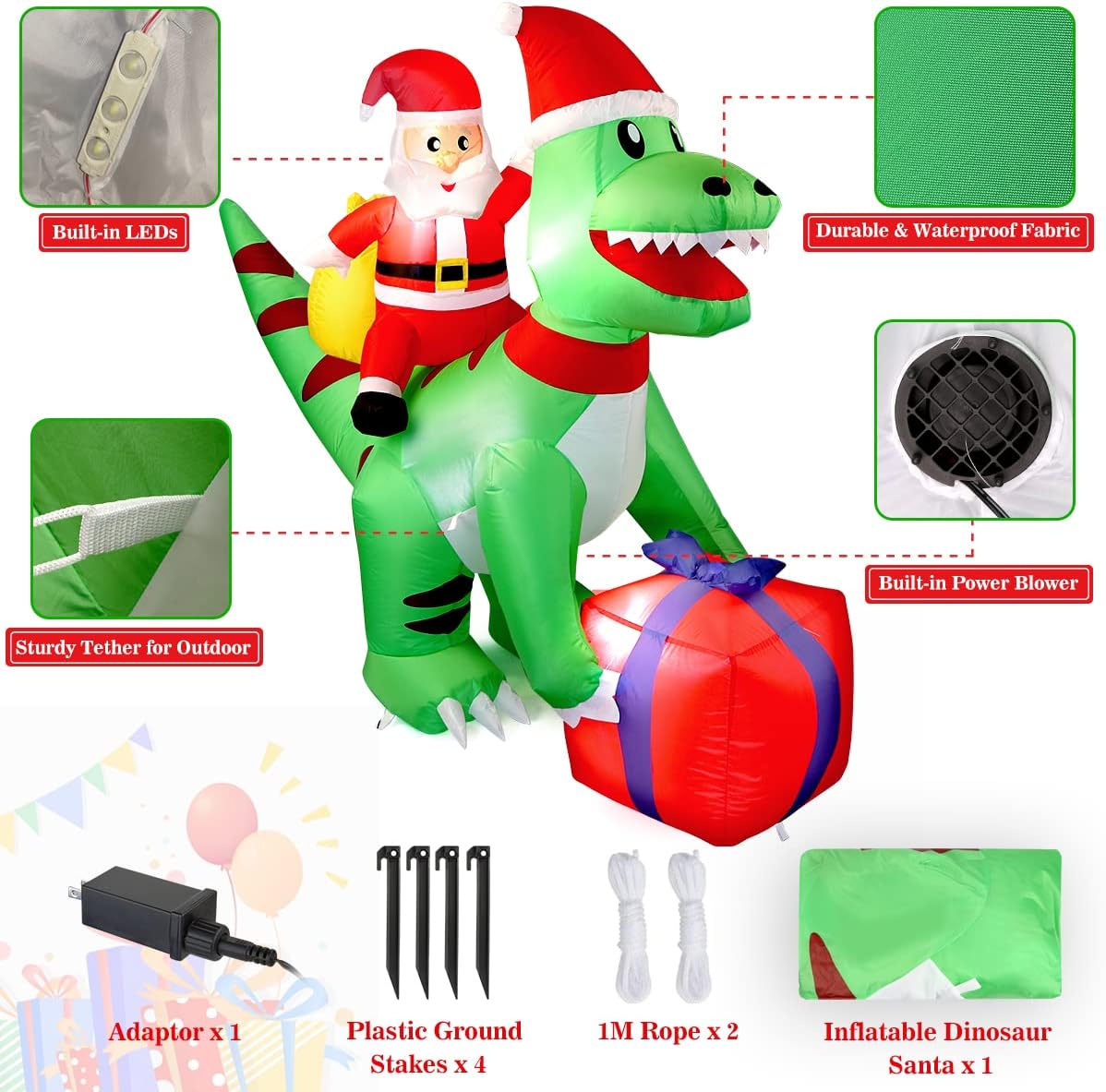 5 Ft Christmas Inflatable Dinosaur with Santa, LED Lights, Indoor Outdoor Holiday Yard Decor, Green T-Rex with Gift Box - Image 3