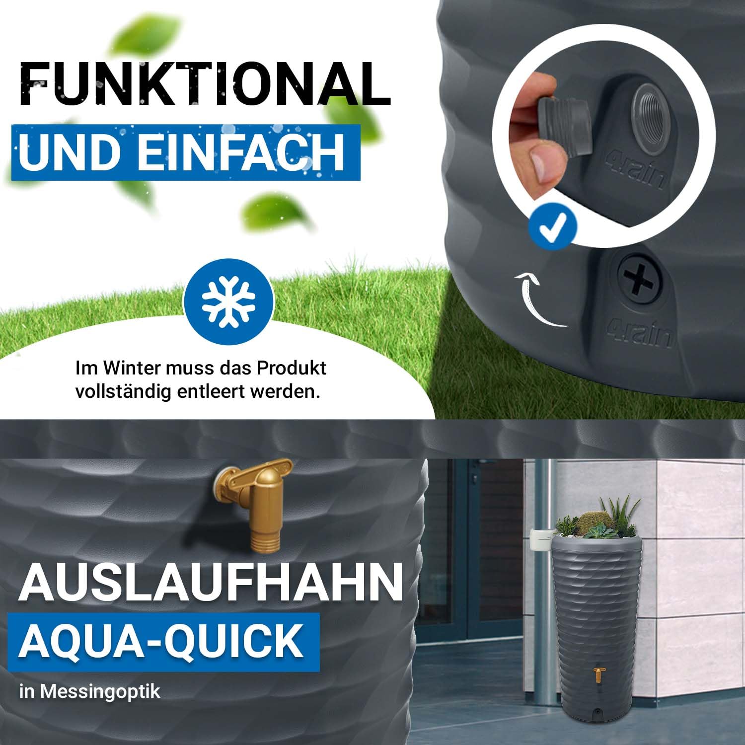 4rain Jolie 2in1 Regentonne 230 Liter Graphite Grey inkl. Pflanzschale | dekorative Lösung für nachhaltige Gartenbewässerung mit Auslaufhahn in Messingoptik und wetterfester Bauart für draußen