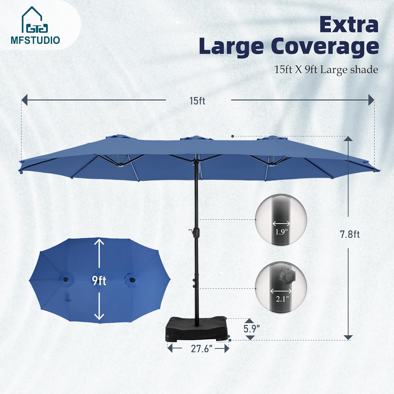 MFSTUDIO 15ft Double Sided Patio Umbrella with Base Included, Outdoor Large Rectangular Market Umbrellas with Crank Handle for Deck Pool Shade, Haze Blue