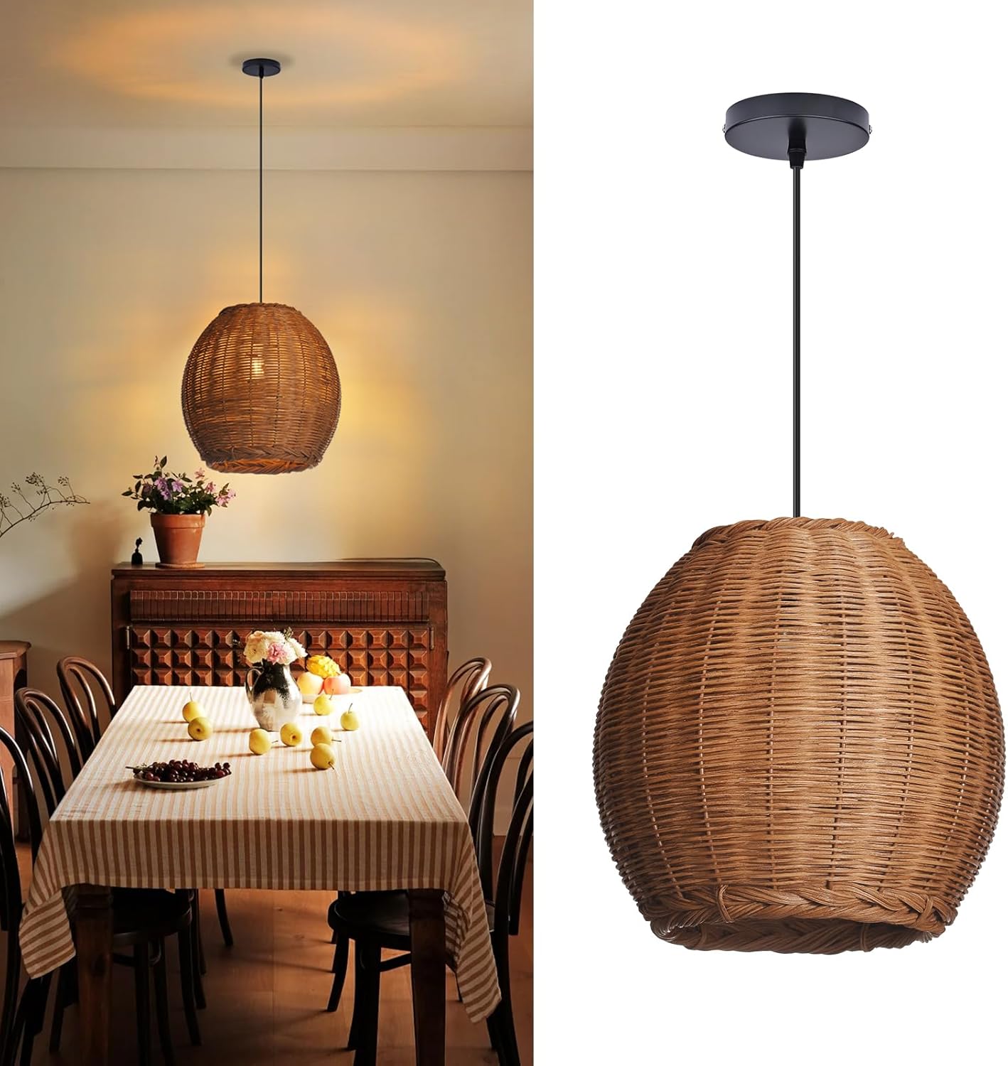 Arturesthome 13.7" Rattan Pendant Lighting Boho Handwoven Ceiling Hanging lampshade Farmhouse Chandelier for Living Room Bedroom Foyer Hallway