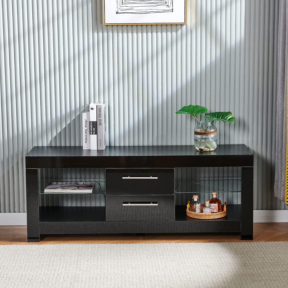 Buy MeJa 130cm TV Stand Unit with LED Lights Modern High Gloss Black TV