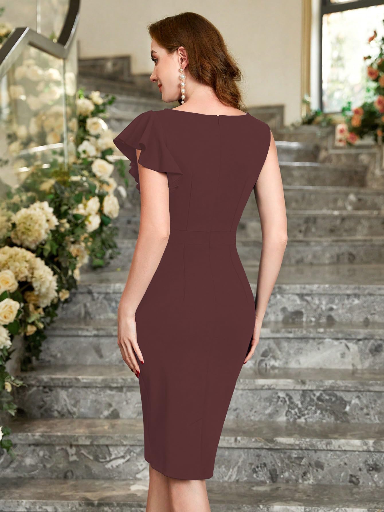 Shasmi Girl's & Women's Asymmetrical Sleeve Ruffle Trim Cocktail Party Fitted One Piece Knee Length Midi Dress For Women Stylish Dresses (Midi 169 Brown-S)