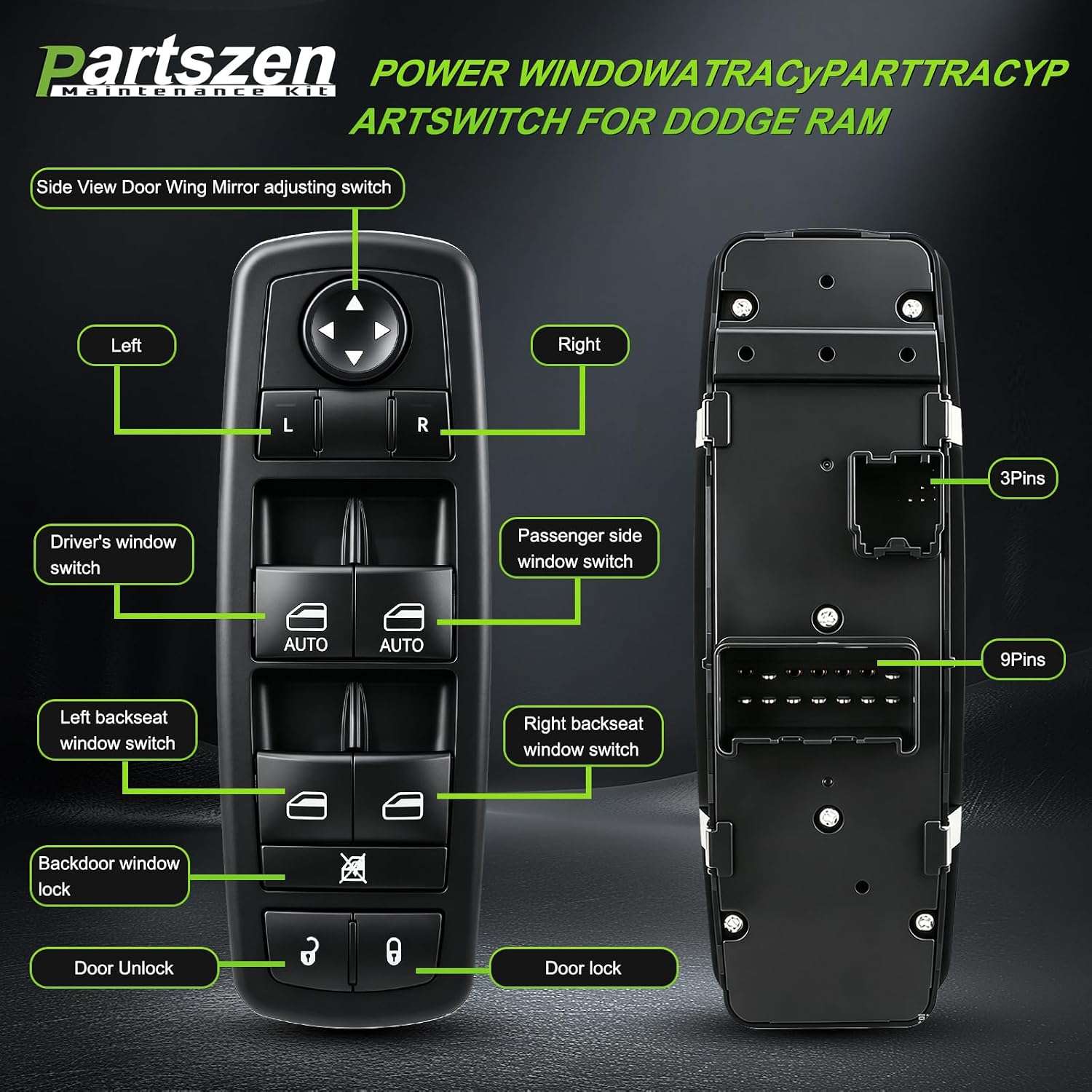 4602863AB Driver Power Window Switch for Dodge Ram 1500 2500 3500 2009 2010 2011 2012 Control Master Replacement Front Left Replace 4602863AC 4602863AD