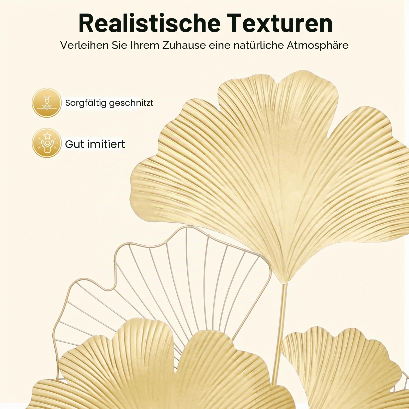 PBTERDTF Wanddeko Metall Gingko 3D Blätter Wandbild GoldWanddekoration Wohnzimmer Dekoration Wand Dekor aus Eise für Wohnzimmer Schlafzimmer Esszimmer (109x55cm)