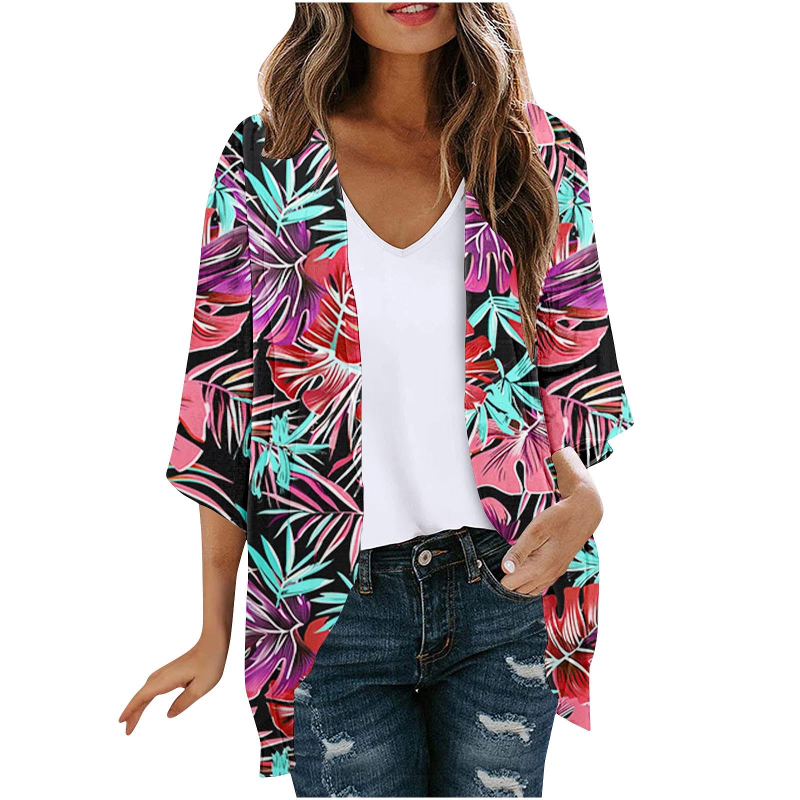 FunAloeKimono Jackets Uk Kimono Beach Cover Up Hawaiian Printed Thin Sweater Plus Size Beachwear Womens Cardigans Size 14 Festival Outfit Women 3/4 Sleeve Open Front Chiffon Kimono Blouses Woman Cardigan
