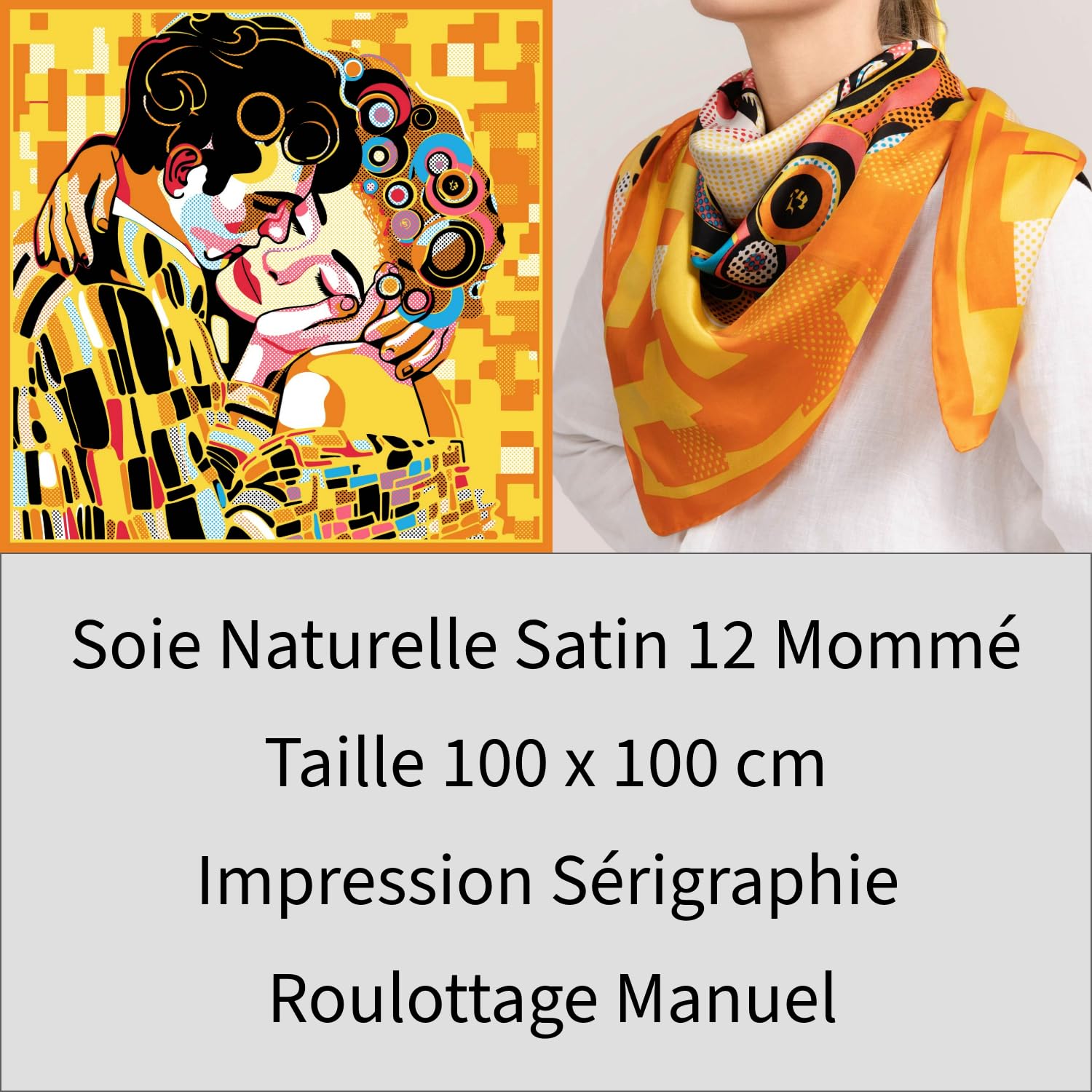 Pañuelo de seda natural grande 100 x 100 cm – Seda para mujer estampada en serigrafía – Cuadrado Seda Roulottage Manual – Seda Satén – Embalaje ordenado