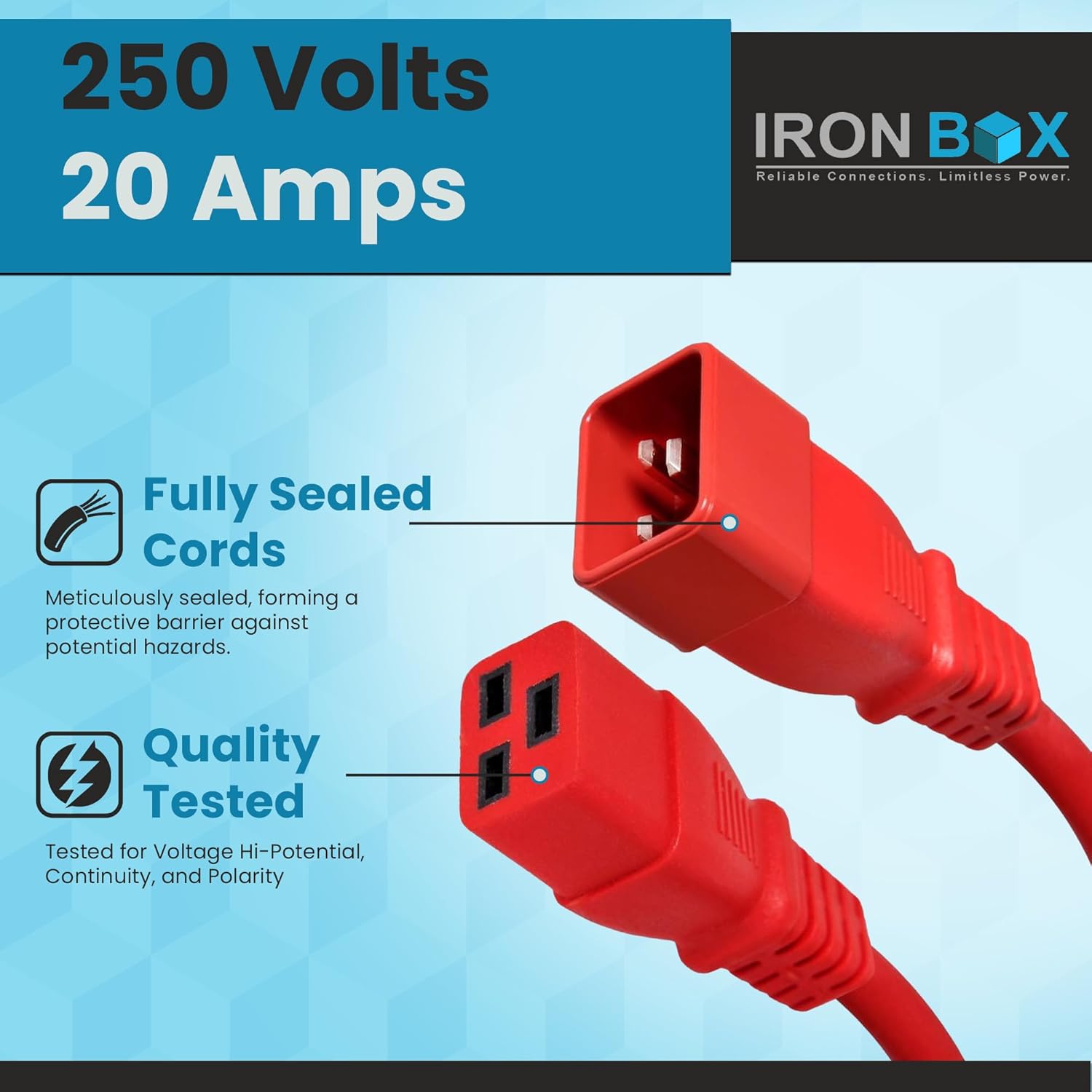 IronBox Electric - Heavy-Duty C20 to C19 Power Cord - 20A/250V Rated, 12/3 SJT IEC 60320 Equipment to PDU Cable - Male End C20 Plug/Female End C19 Connector - UL Listed Power Cable -(Black,25 Foot)