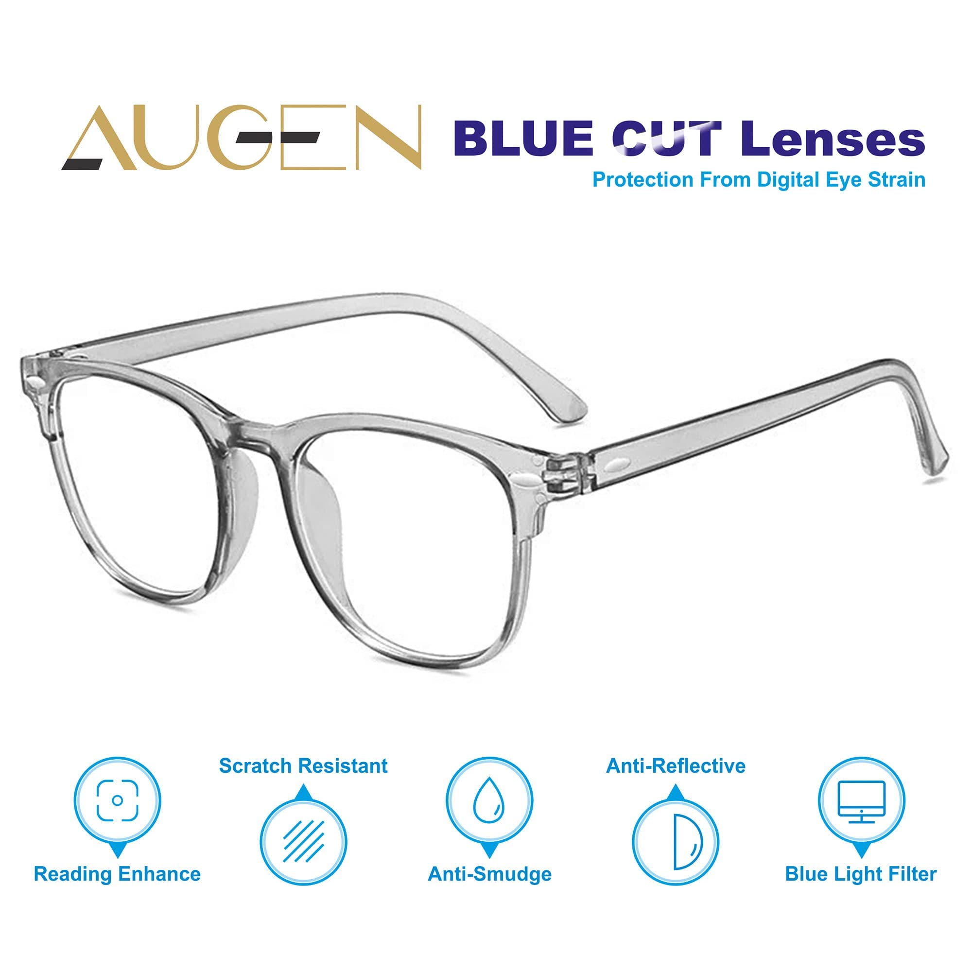 AUGEN by Visions India - Occhiali unisex con lenti blu con rivestimento antiriflesso che proteggono gli occhi dalla luce blu da computer, telefoni cellulari e tablet (Zero Power) (102)