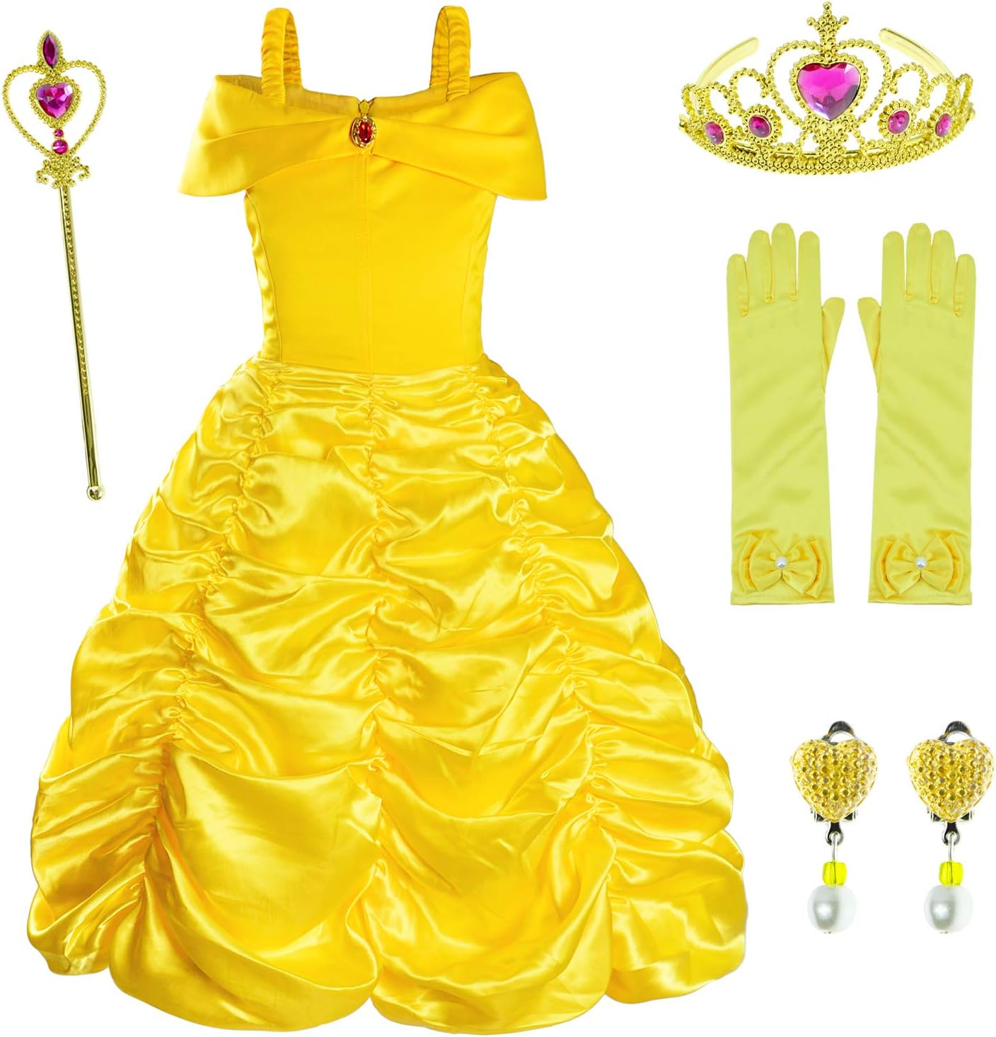 Princess Costume for Girls Birthday Party Fancy Dress Up with Accessories(Crown+Wand+Earrings+Gloves)