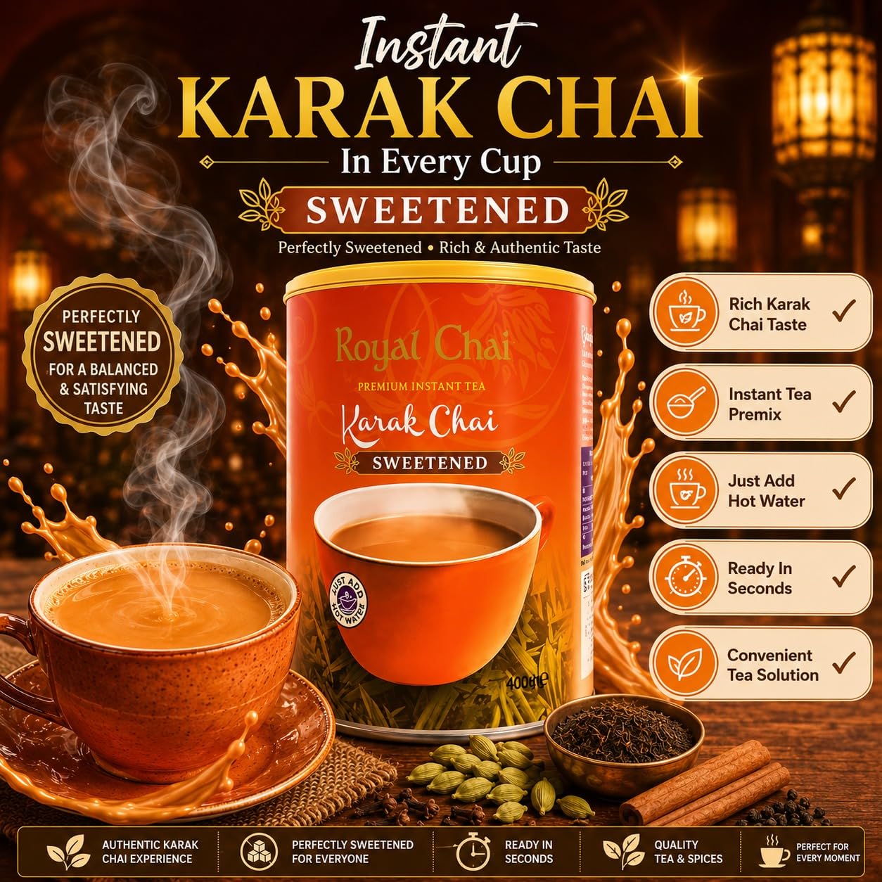 Royal Chai Karak Chai gesüßte Dose 400g (6 Stück) - Premium Instanttee - Karak Tee - Natur - Instant Kark Indianer Tee