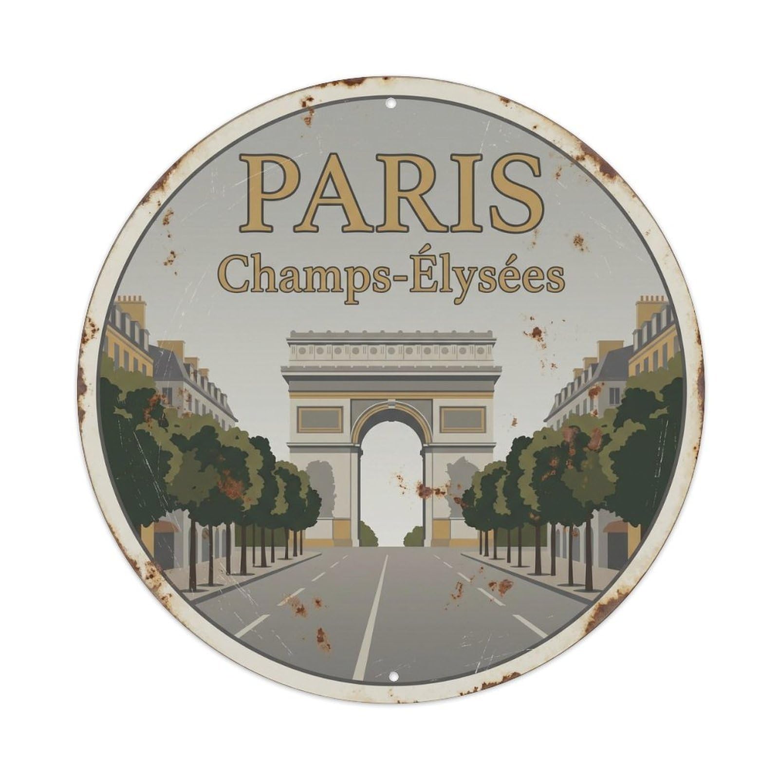 Vintage Travel Parisian Champs Elysees Metal Tin Sign Plaque Wall Decor for Cafe, Club Bar, Office, Home Garden Round Metal Poster 8x8Inch