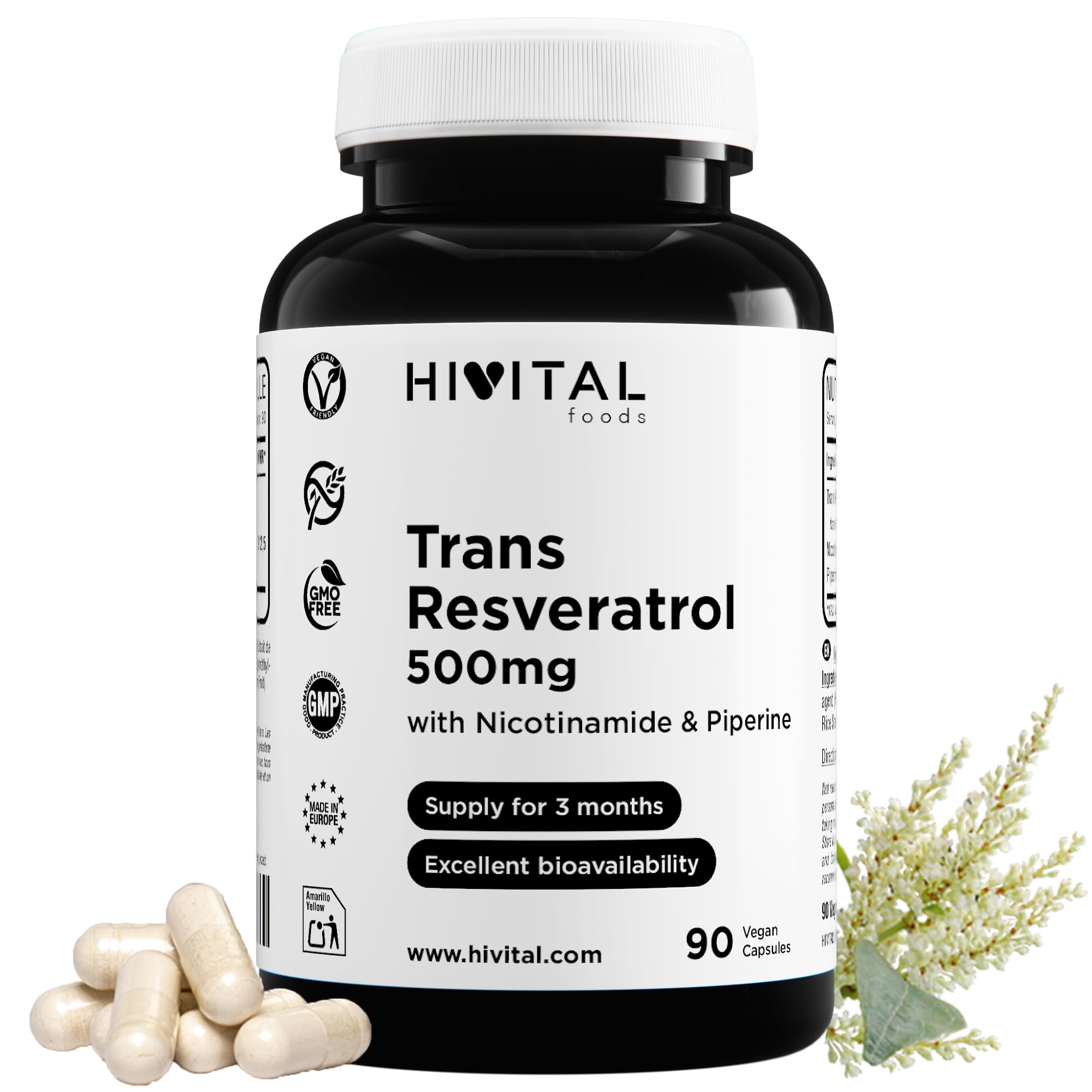 Trans-Resveratrol 500 mg. 90 gélules végétaliennes pour 3 mois de traitement. Avec Nicotinamide et Pipérine. Extrait Naturel de Fallopia Japonica 98% de Resvératrol Pur. Fabriqué en Europe par HIVITAL