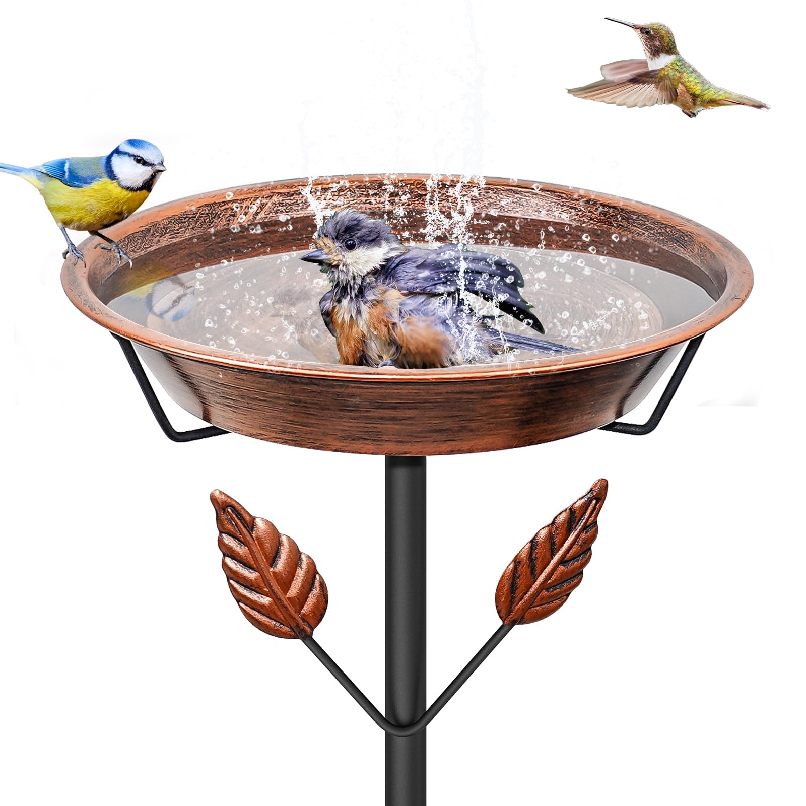 37.8In Metal Bird Bath for Outside, Vintage Birdbaths Removable Feeder Bowl with 5 Prongs Base Stake, Easy to Clean Birdfeeder for Outdoors Garden Yard Lawn Decor (Retro Brown, Leaves)