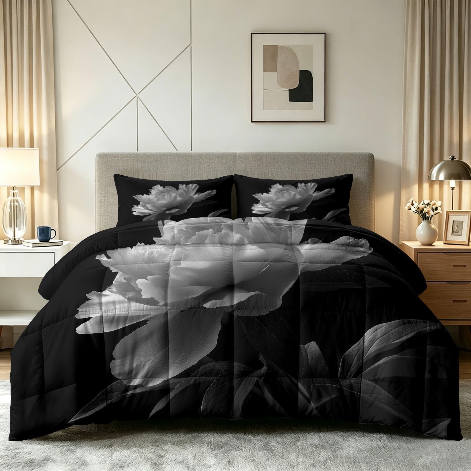 Edredón de 135 x 200 cm lavable diseño minimalista negro y blanco flores