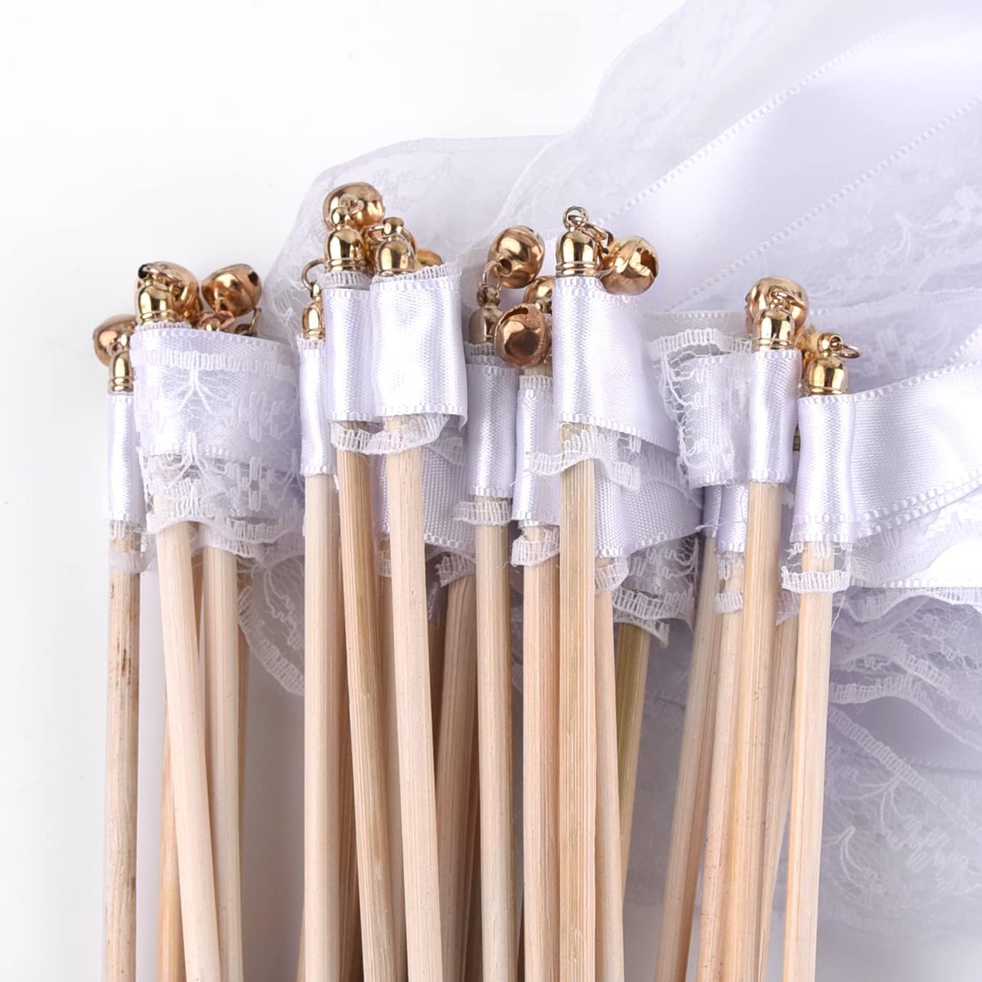 30 Baguettes De Mariage Avec Rubans Et Cloches - Soie Blanche, Tige En Bois, Pour Cérémonie Et Fête