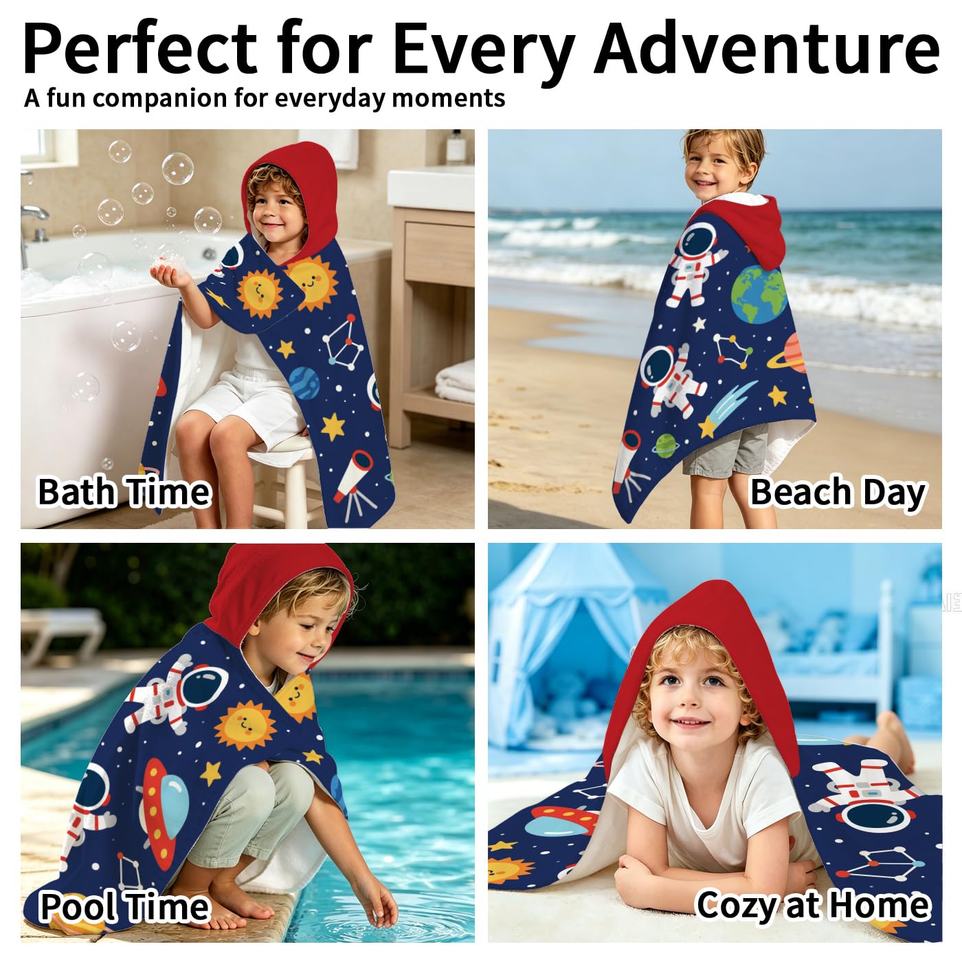 peacoblue Badeponcho Kinder Kapuzenhandtuch Astronaut Und Planeten | Mikrofaser Kapuzenhandtuch 76x127cm für Kinder 2-8 Jahre, Schnell trocknend für Strand, Pool und Schwimmen