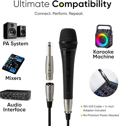 Miniatura 7 de Bowens Dynamic Mic XLR - Micrófono de karaoke con cable de 15 pies, micrófono vocal de mano para cantar, DJ, podcasting y sistemas PA, kit completo
