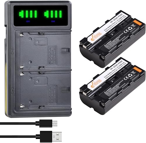 Pickle Power - Juego de 2 cargadores de batería NP-F550, batería recargable de 2600 mAh con cargador dual LED para Sony NP-F970 F750 F960 F530 F570