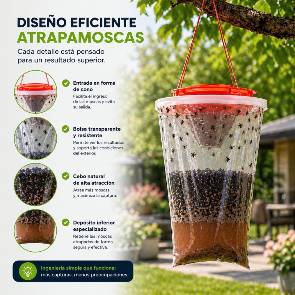 Trampa Múltiple Moscas Remi Hogar | Captura hasta 20.000 Moscas | para Uso en Exteriores | Sin biocidas eficacia | Fácil instalación | Efecto de Cebo | Red Top 6 Unidades