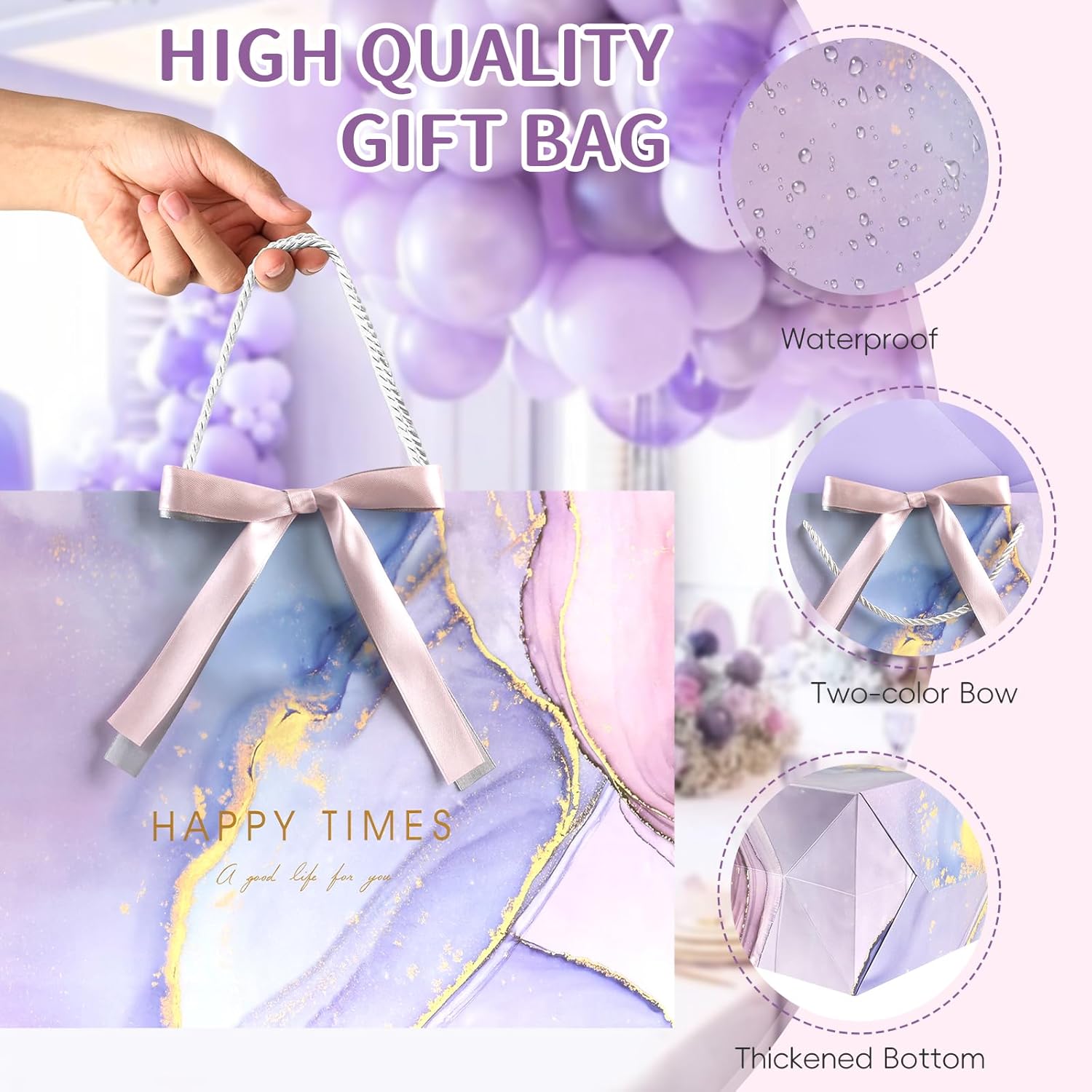 YoungTree Large Gift Bag with Tissue Papers and Greeting Card Two-Tone Ribbon, Purple Marble Pattern Gift Bags, Birthday Gift Bag with Handles, Present Bags for Valentines Day Wedding Party Supplies - Image 5