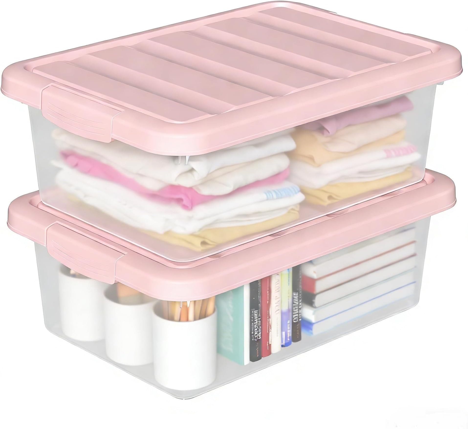 Plastic Storage Containers with Secure Latching Lids, Stackable Organization Bins, Clear/Pink, 14 Quart, Set of 2
