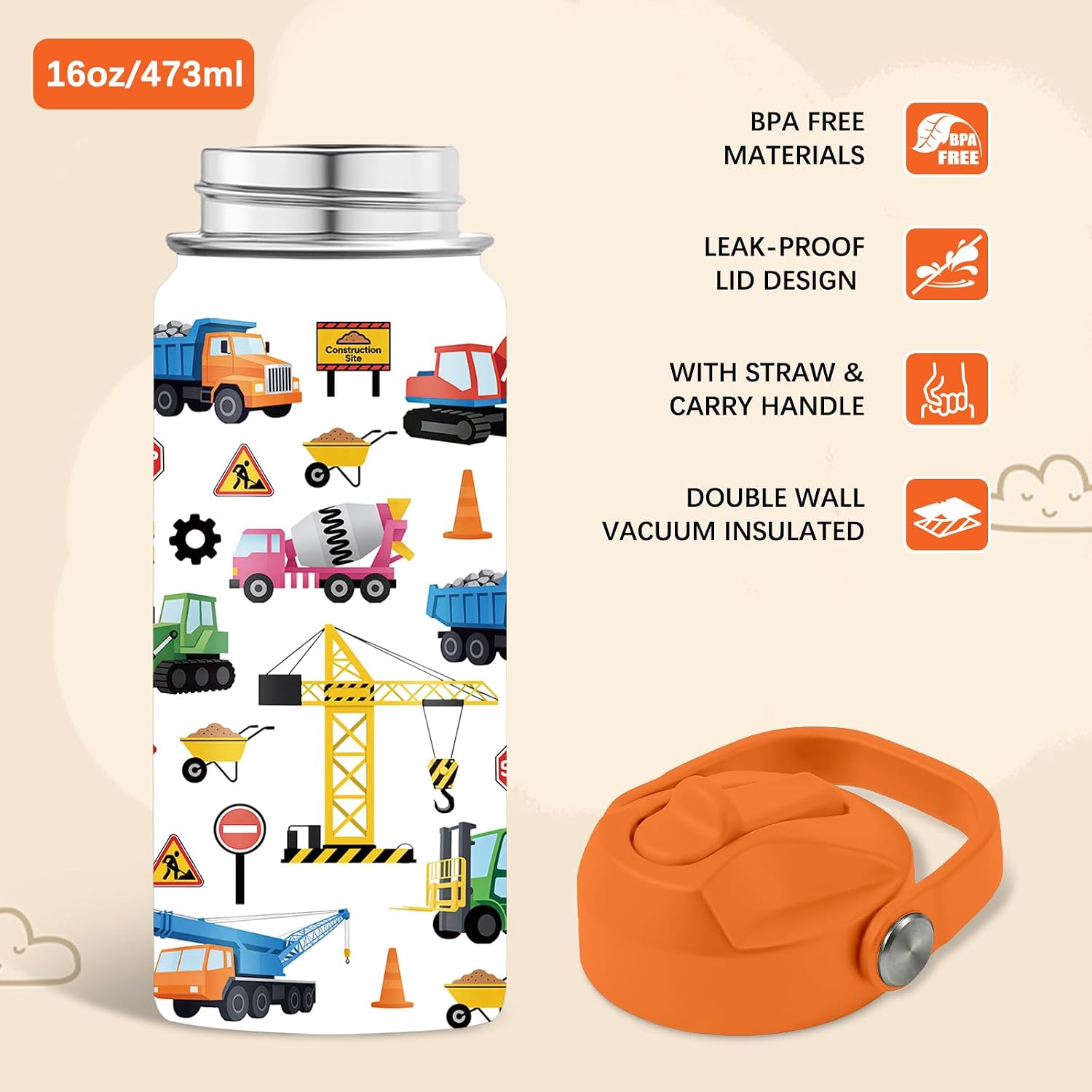 Kids Water Bottle Insulated - 16 oz Kids Stainless Steel Water Bottle with Straw, Leak Proof, BPA-Free, Vacuum Insulated, Construction Truck Water Bottles for Sports, Travel image 5