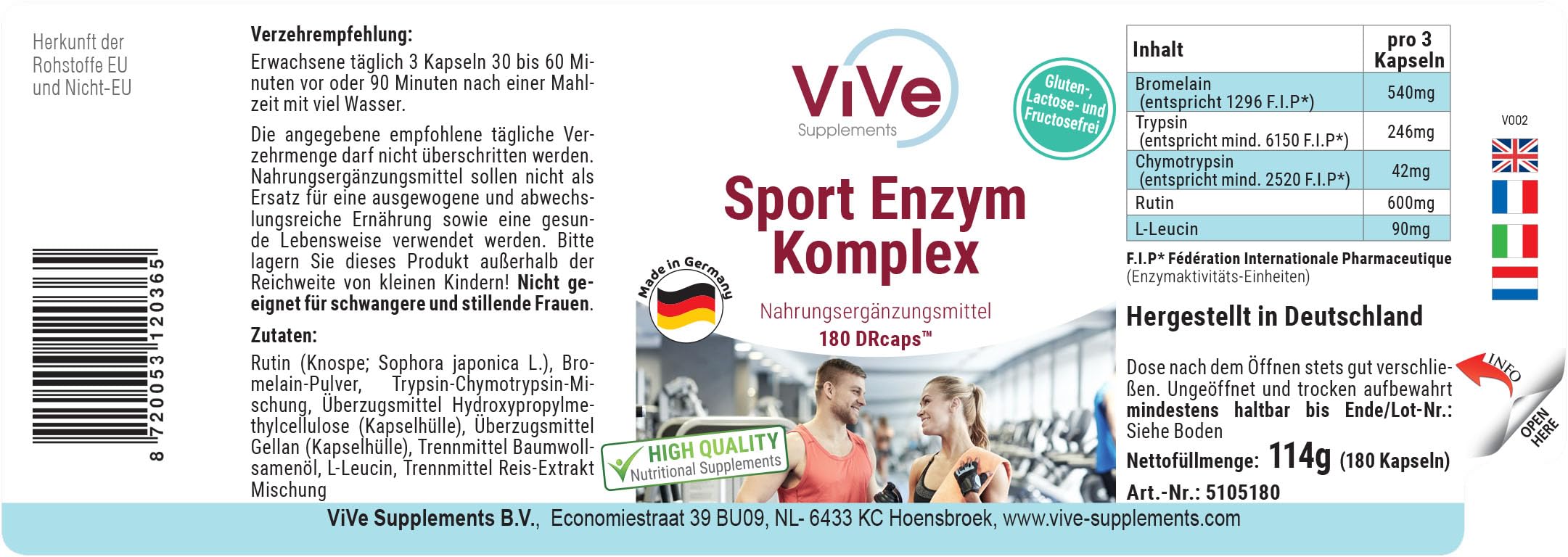 Sport Enzym Komplex - 180 Kapseln - schluckfreundlich - hochdosiert | Qualität aus Deutschland von ViVe Supplements