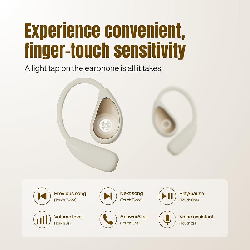HC Honey Coco Wireless Earbuds with Ear Hooks, Over Ear Bluetooth Earbuds, Secure Fit, 60H Playtime, LED Display, IPX5 Waterproof (Beige) image 5