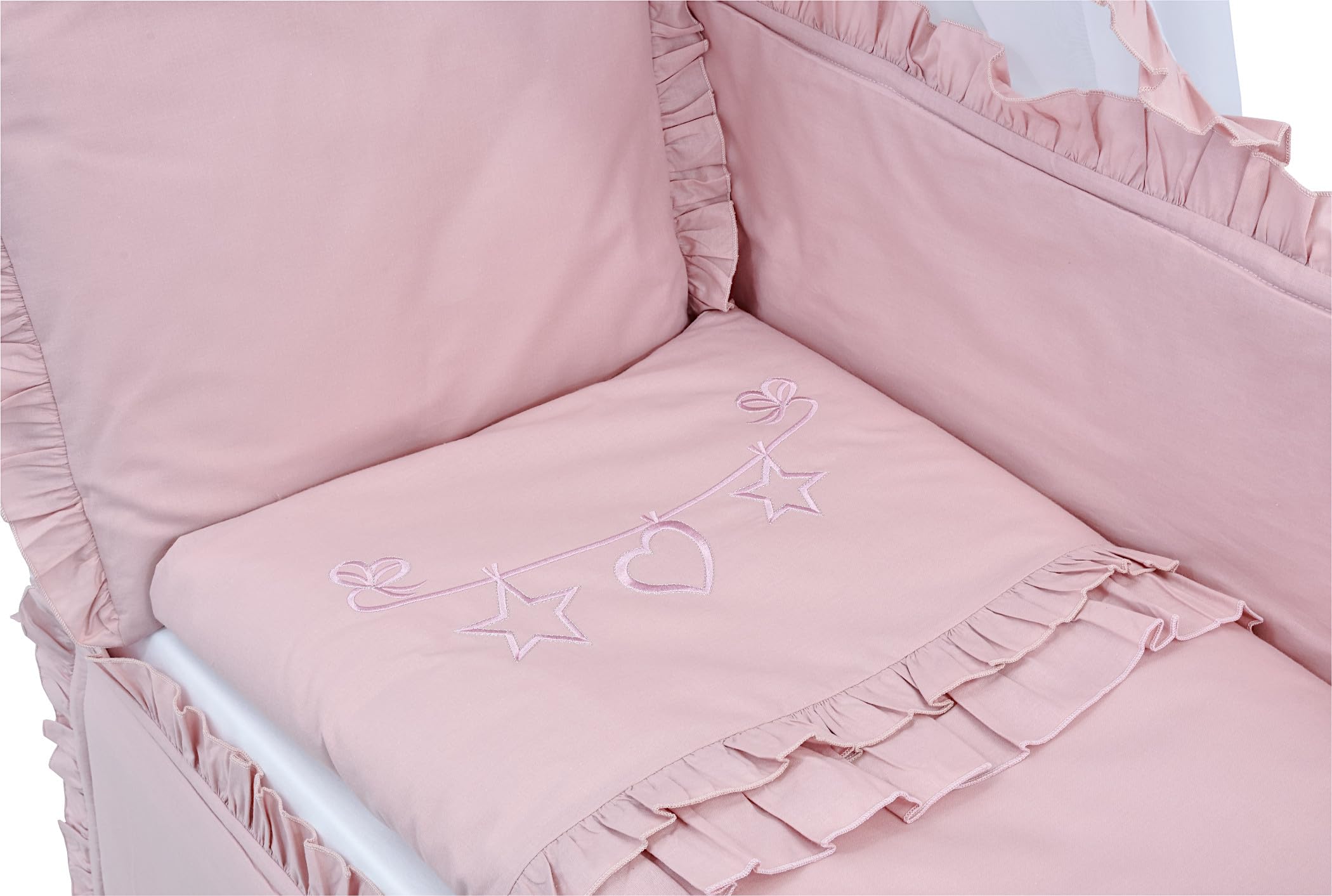 Generisch Baby Delux Beistellbett Babybett Stubenwagen weiß 90x40 mobil mit Rädern inkl. Matratze und Bettwäsche Set mehrteilig (Royal Rosa Rüsche Stickerei)