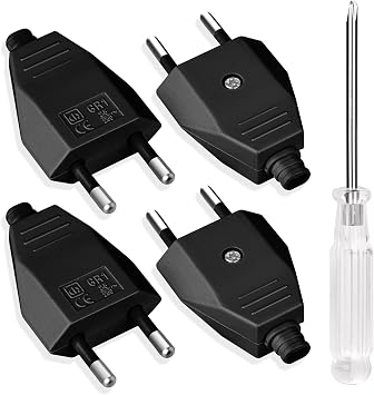 AXFEE Flat Male Plug Plug, 4 Pieces 250V 2.5A European Plug Flat Plug, Pla-no Plug Ench-ufe Bipolar Male Plug, with Screwdriver, for Power Cord, Black