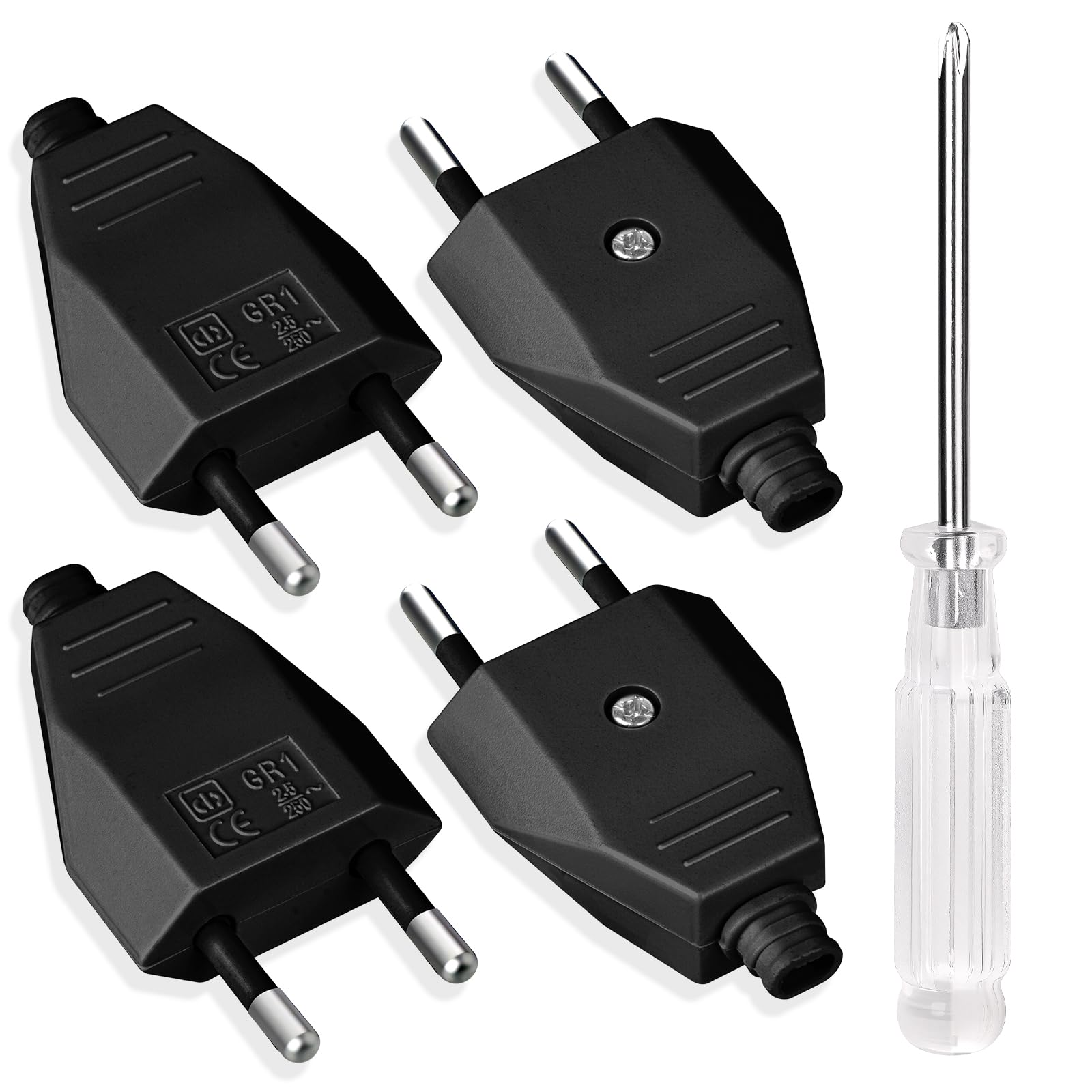 AXFEE 4 wtyczki euro, 250 V 2,5 A euro, płaskie wtyki euro, płaskie, z zestykiem ochronnym, wtyczka euro do kabla 8-10 mm, IP44, trwałe i odporne na pęknięcia (czarne)