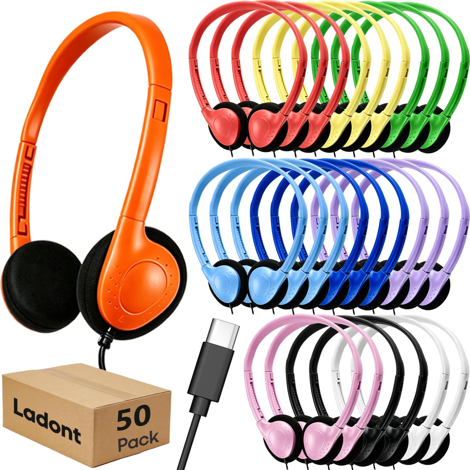 Set di cuffie di tipo C (confezione da 50), resistenti cuffie cablate per bambini per Chromebook e laptop, cuffie scolastiche sfuse per studenti adolescenti ragazzi ragazze, cuffie USB C