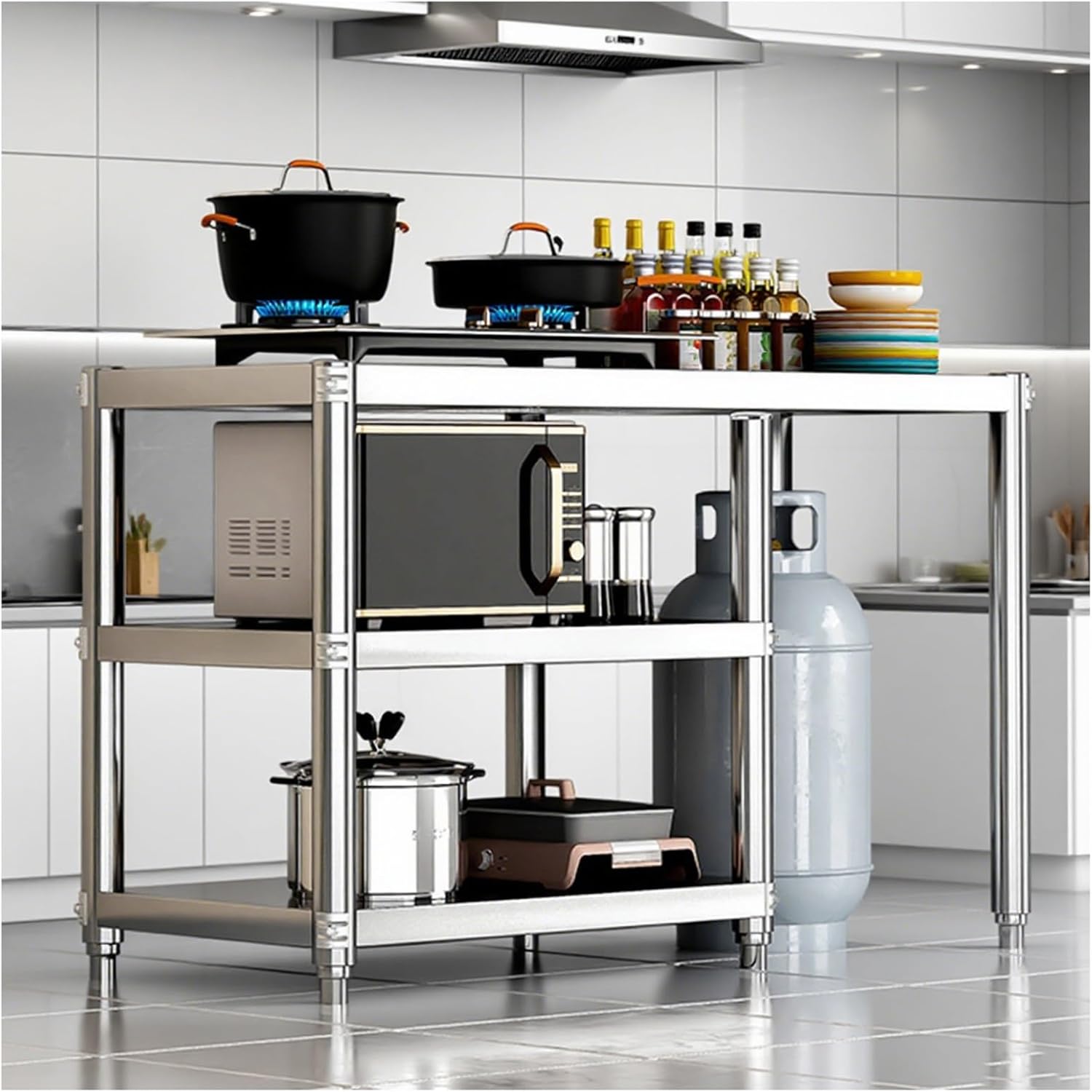 3-Layer Commercial Thickened Stainless Steel Work Table with Gas Cylinder Storage Area Kitchen Workbench 80 Centimeters High Home Floor-Standing Storage Rack
