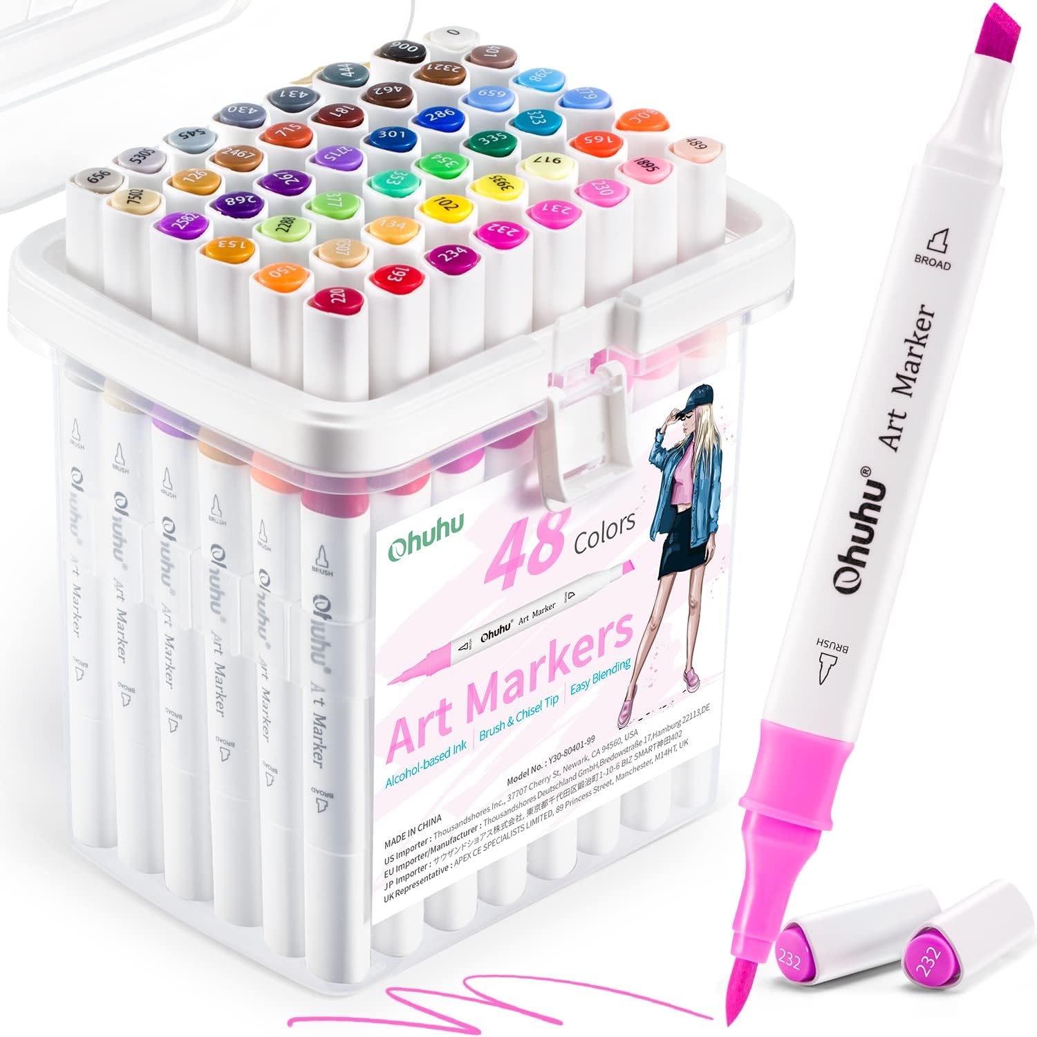 Ohuhu 48 Colour Double Tipped Brush & Chisel Alcohol Based Markers Set for Adult Artist Coloring Sketching Illustrations with Unique Designed Grip,Great Value Pack for Beginners,Multicolour