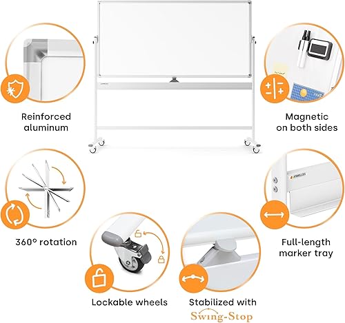 Miniatura 7 de Pizarra blanca magnética grande, giratoria y portátil de borrado en seco, con soporte, de doble cara, estilo caballete, con ruedas, de pie, para
