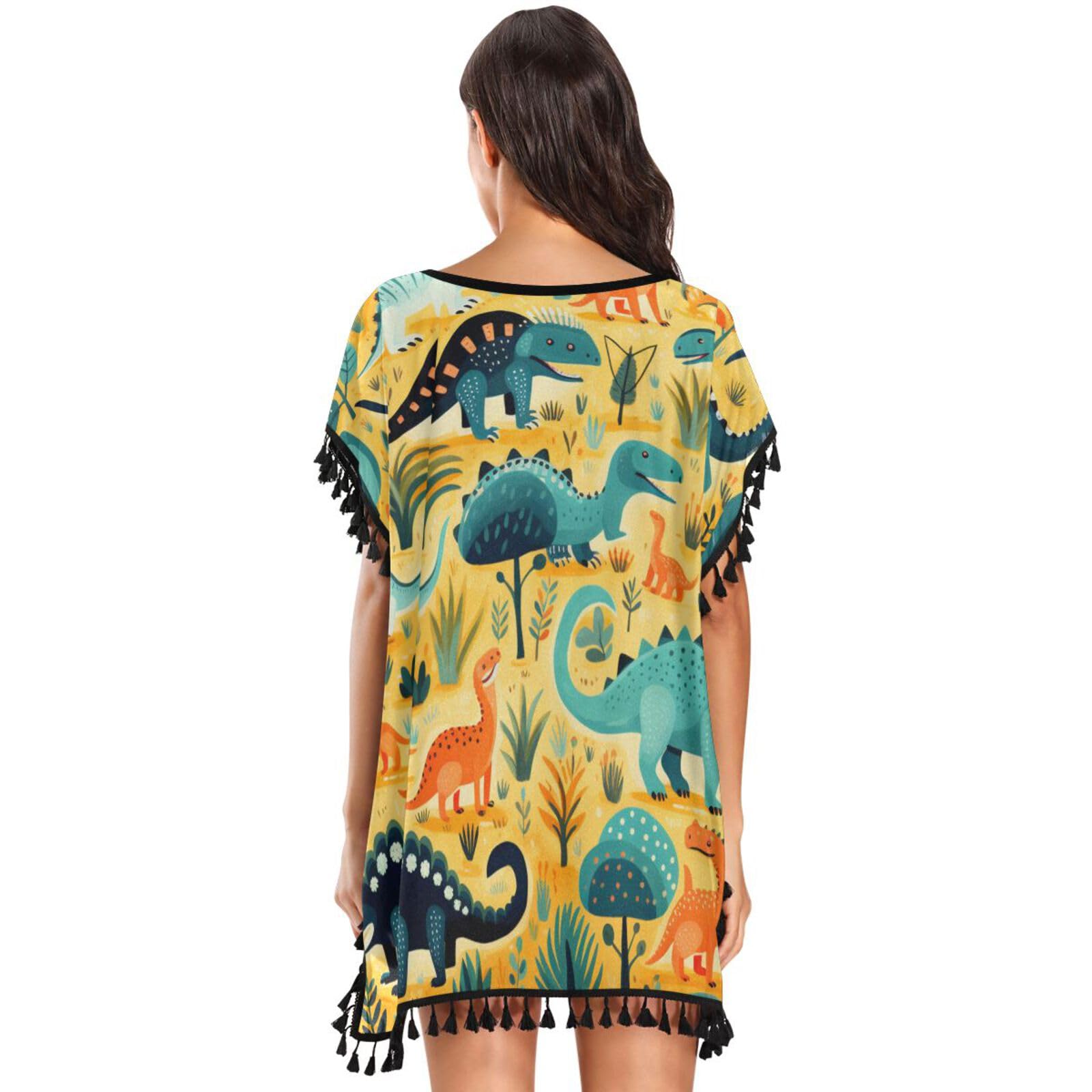 KAAVIYO Lemon Yellow Dinosaurs Women's Beach Cover Up Chiffon Tassel Swimwear Swimsuit Coverups for Girl