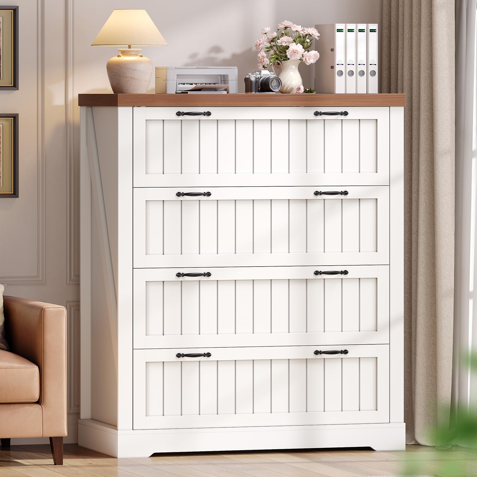 SEDETA Farmhouse 4 Drawer File Cabinet, Filing Cabinet for Home Office, Wood Office File Cabinets for Letter/Legal/A4 Size, File Cabinet Organizer for Study Room & Living Room, White and Brown