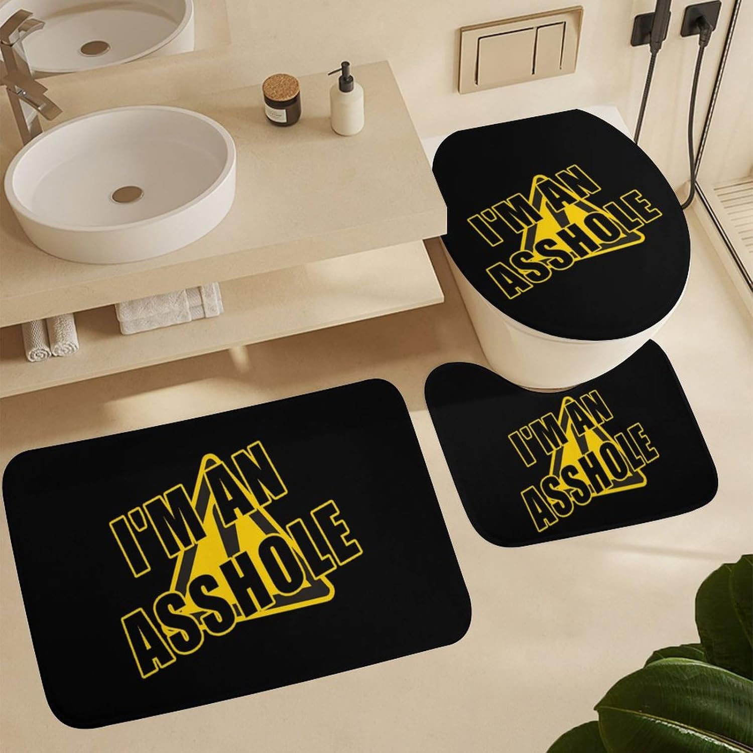 Warning I'm an Asshole Bathroom Sets with Shower Curtain and Rugs 4 Piece with U-Shaped Floor Mat Toilet Lid Cover