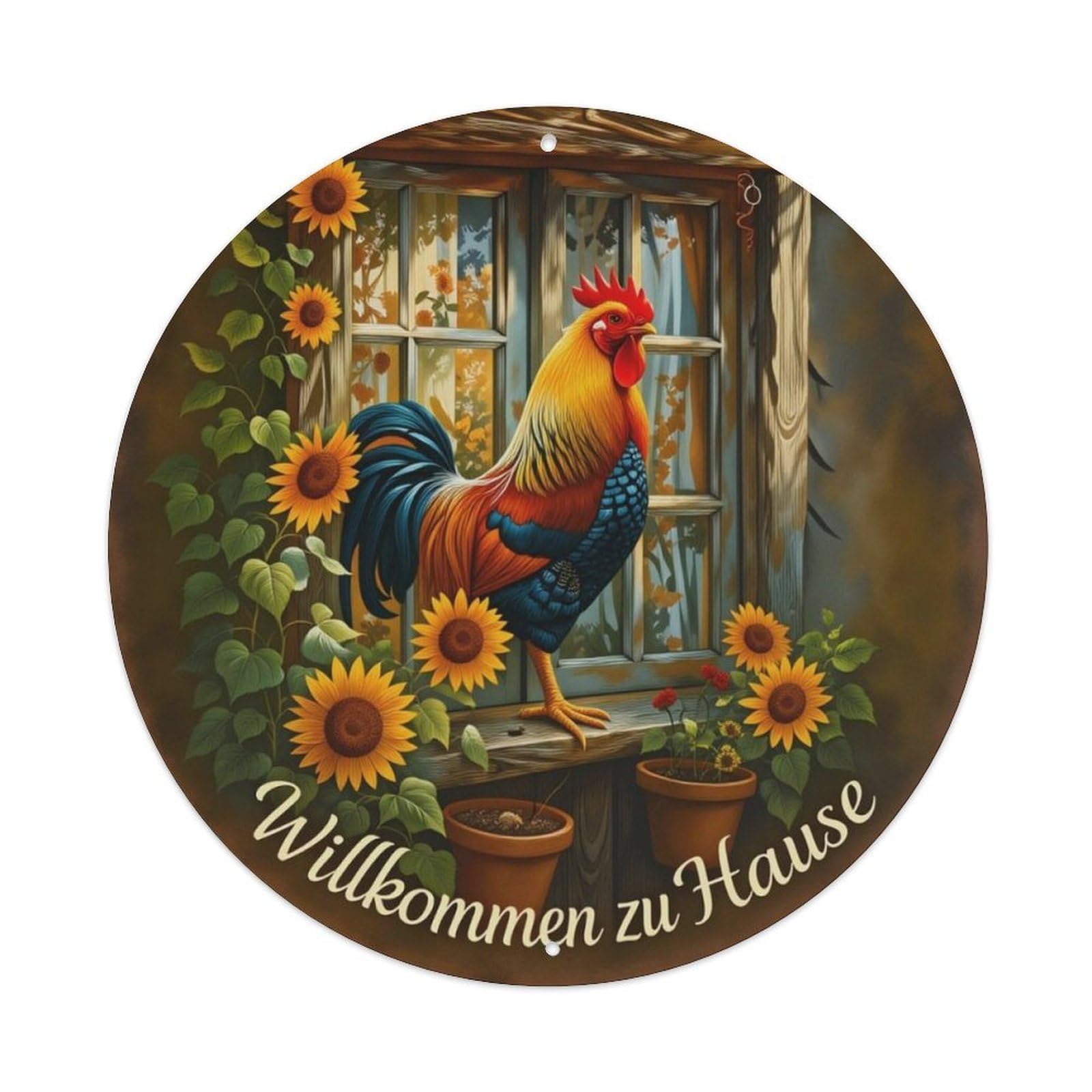 Farm Rooster Sunflower German Welcome Round Decor Sign Vintage Aluminium Metal Sign, Retro Wall Decor for Home, Bar, Garage & Farmhouse 20x20cm