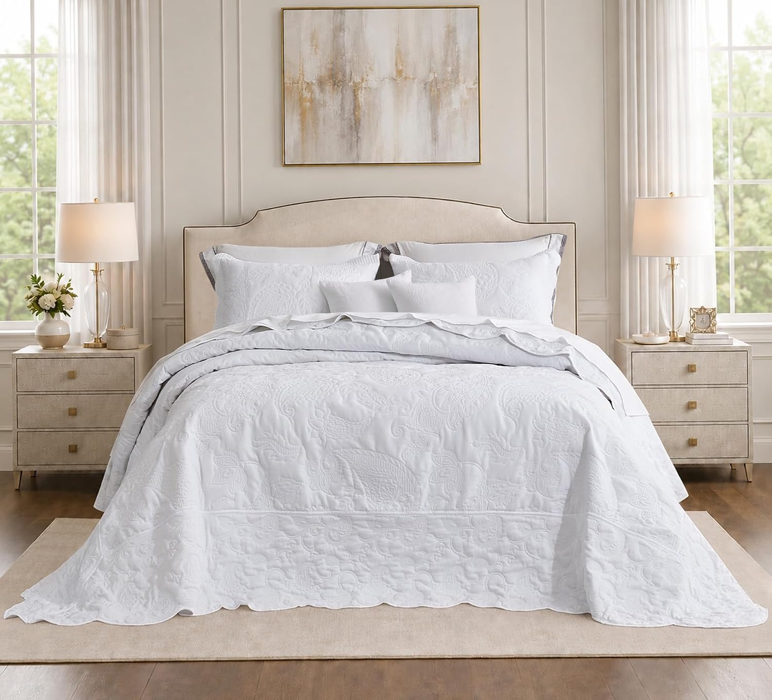HZ & HY Oversized King Bedspreads 128x120, Stitched Damask, Mocha