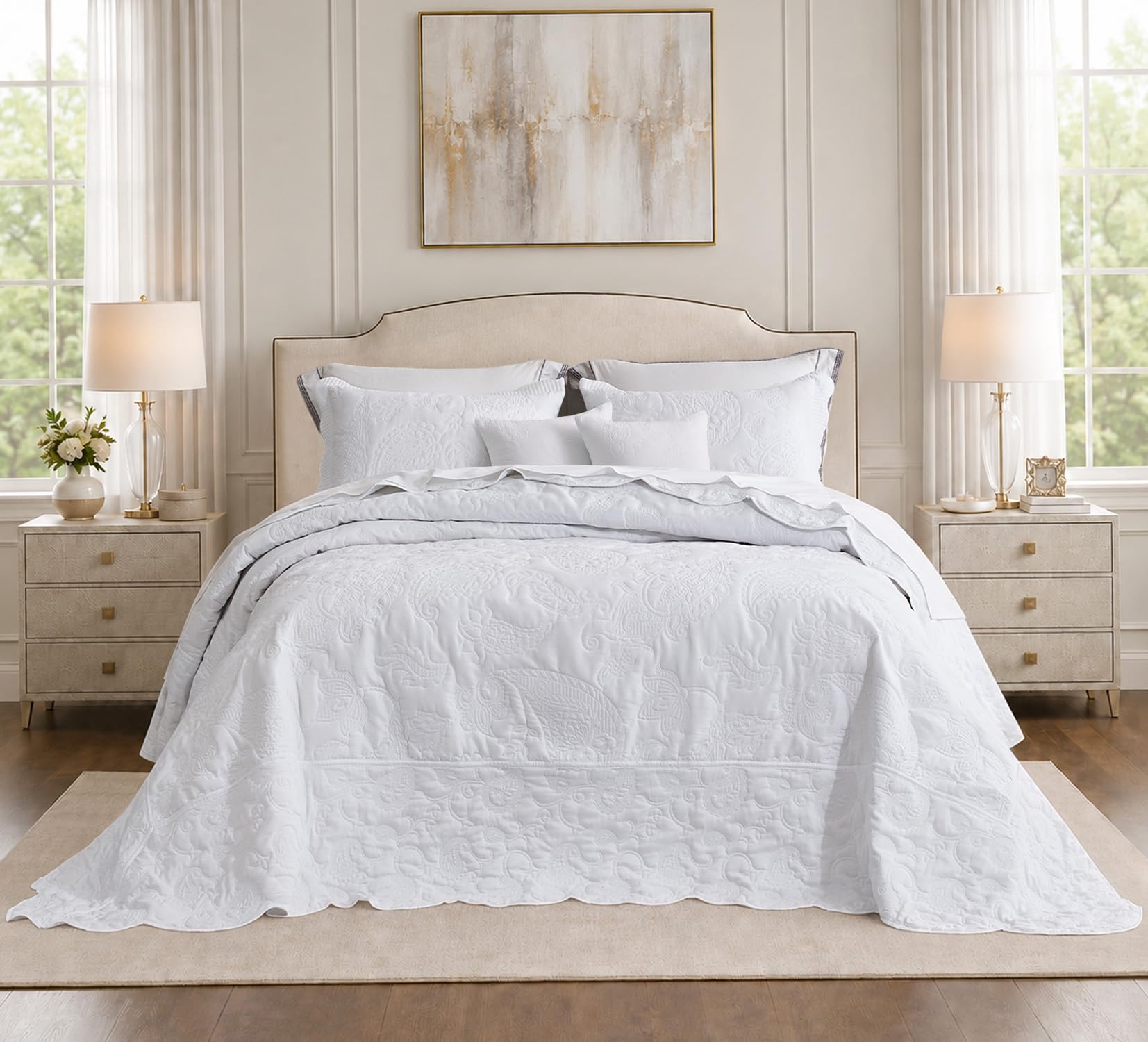 HZ &amp; HY Oversized Alaskan King Bedspreads 138x122, Stitched Paisley, White