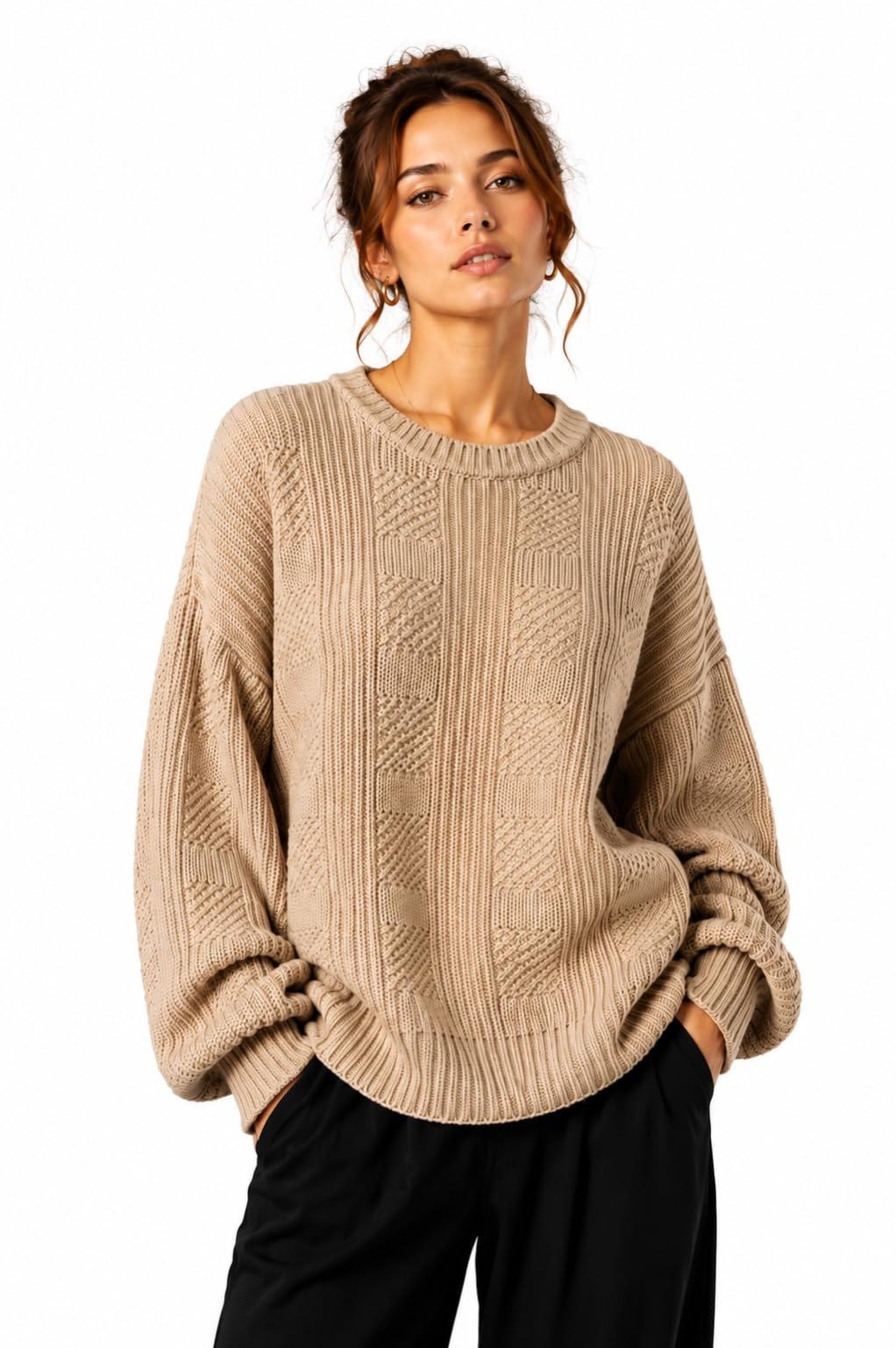 wear lusso Women's Cable Knit Sweater | Soft Knit Winter Pullover | Round Neck Full Sleeve Relaxed Fit Textured Sweater-picture-30