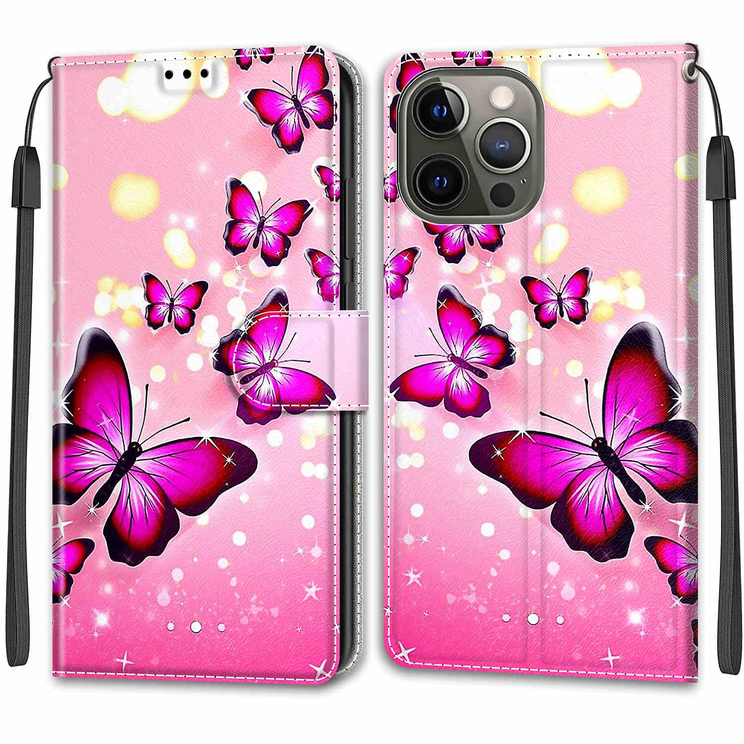ChoosEU Cover per iPhone 15 Custodia in Pelle Portafoglio Flip Case Elegante Disegni Antiurto Protettiva per Ragazze Donne Cover a Libro Stand iPhone 15 - Farfalla Rosa